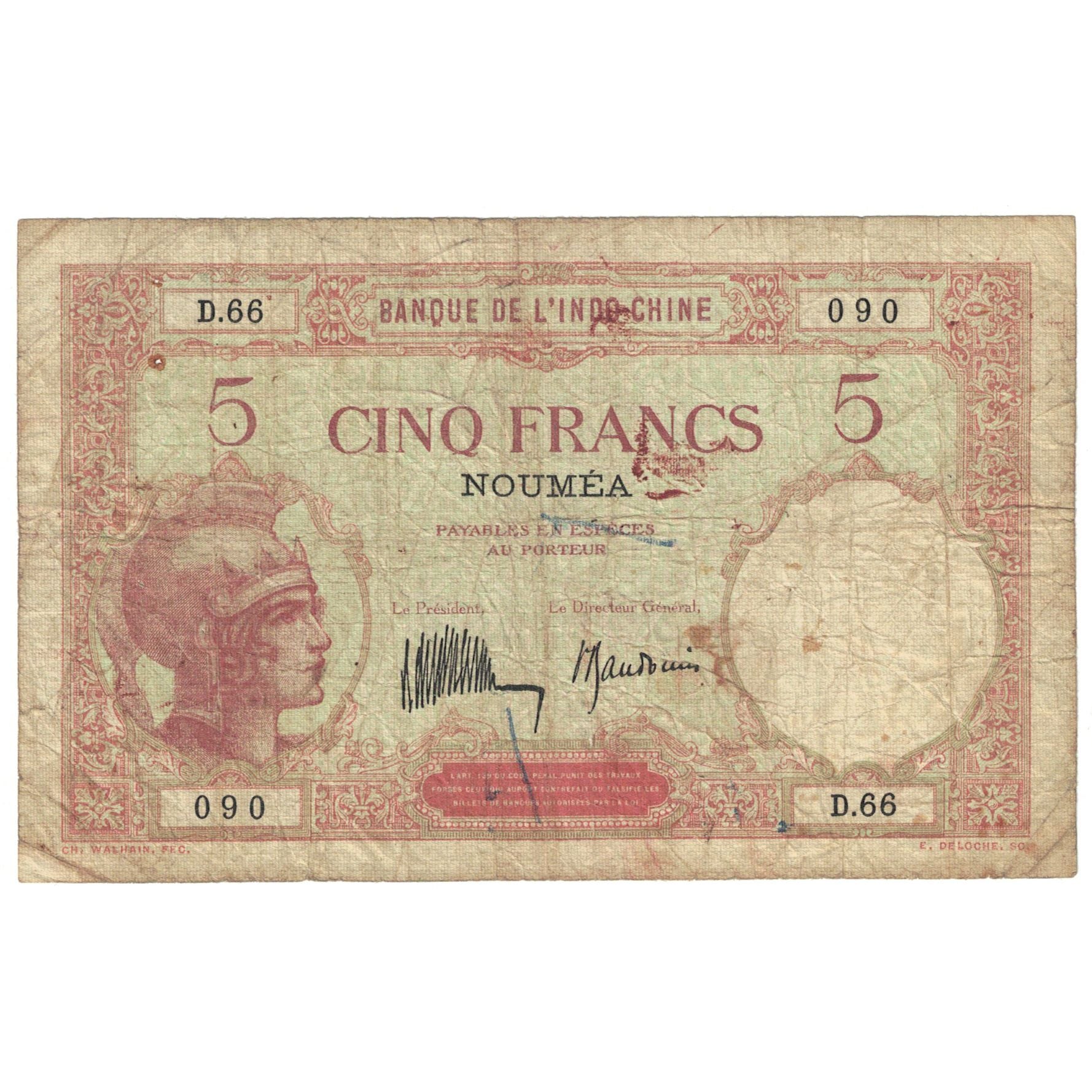 Banknote, New Caledonia, 5 Francs, Undated (1926), Undated (1926), KM:36b