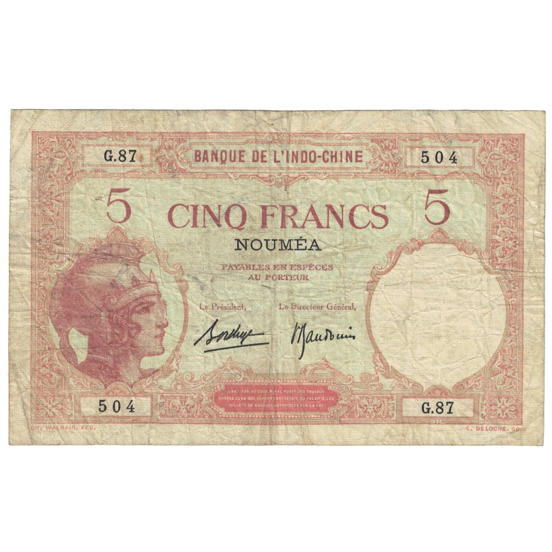Banknote, New Caledonia, 5 Francs, Undated (1926), Undated (1926), KM:36b