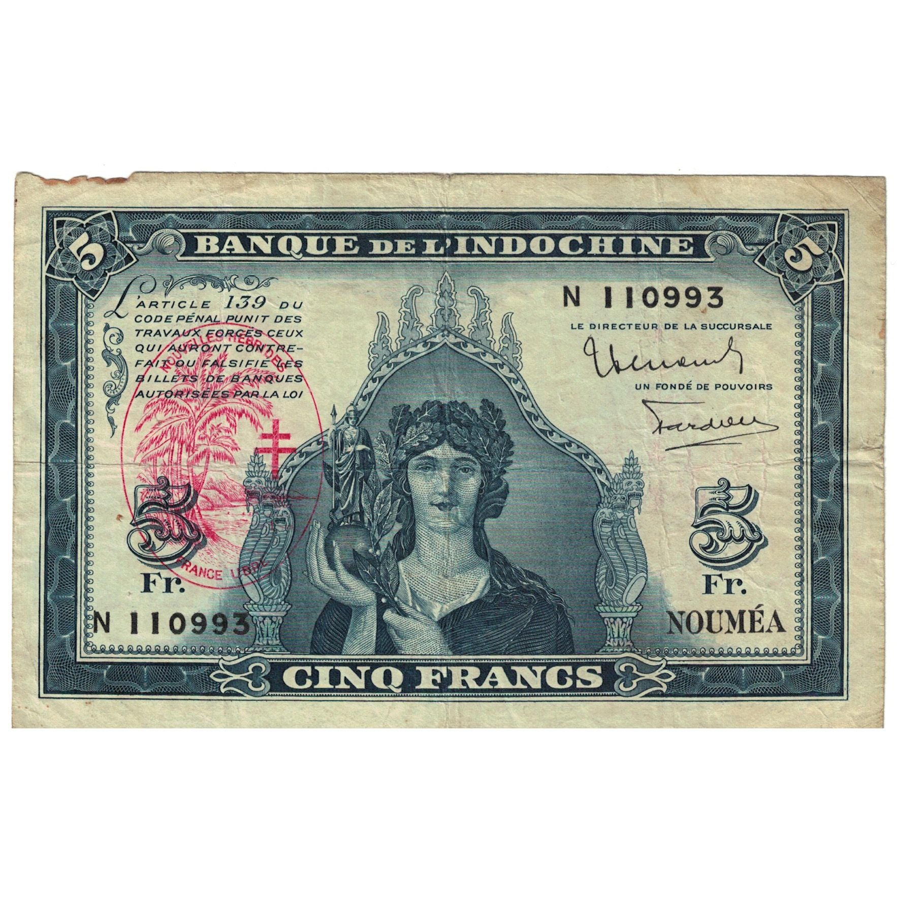 Banknote, New Hebrides, 5 Francs, undated (1945), Undated (1945), KM:5, VG(8-10)