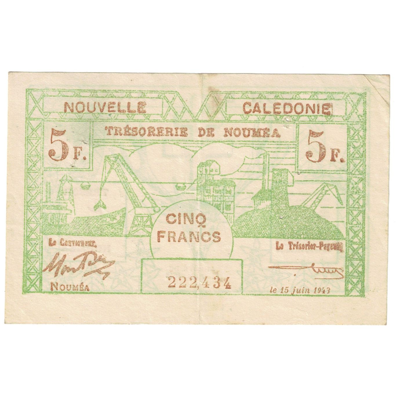 Nota, Nova Caledónia, 5 Francs, 1943, 1943-06-15, KM:58, EF(40-45)