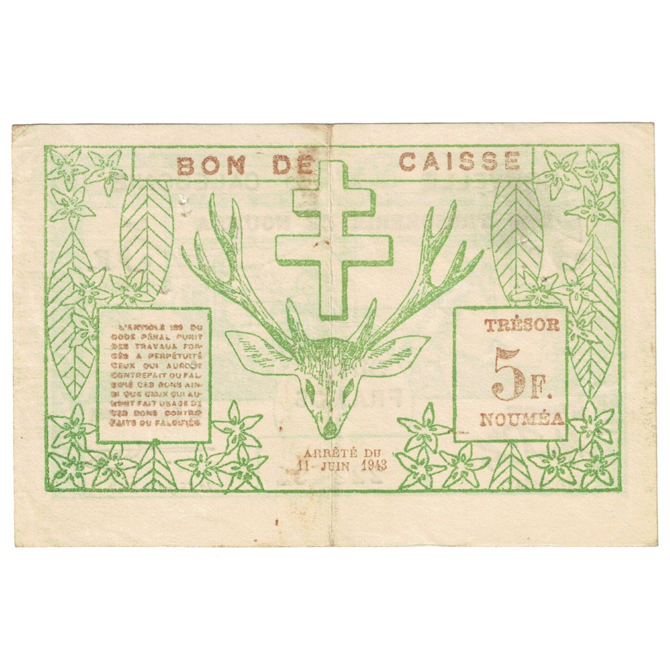 Nota, Nova Caledónia, 5 Francs, 1943, 1943-06-15, KM:58, EF(40-45)