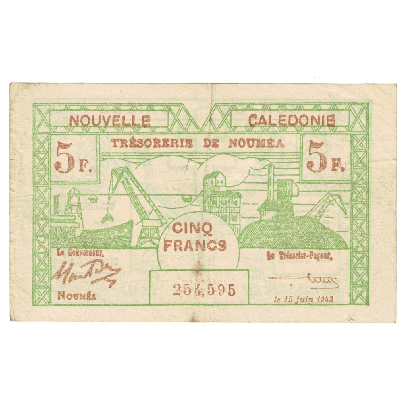 Banknote, New Caledonia, 5 Francs, 1943, 1943-06-15, KM:58, EF(40-45)