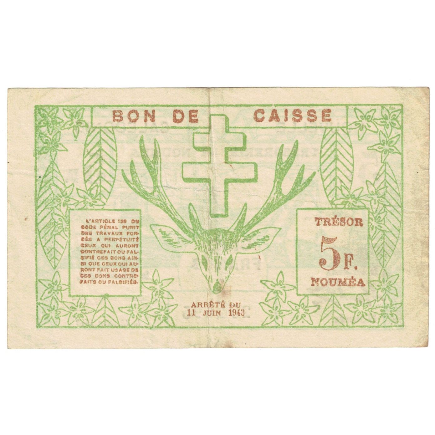 Banknote, New Caledonia, 5 Francs, 1943, 1943-06-15, KM:58, EF(40-45)