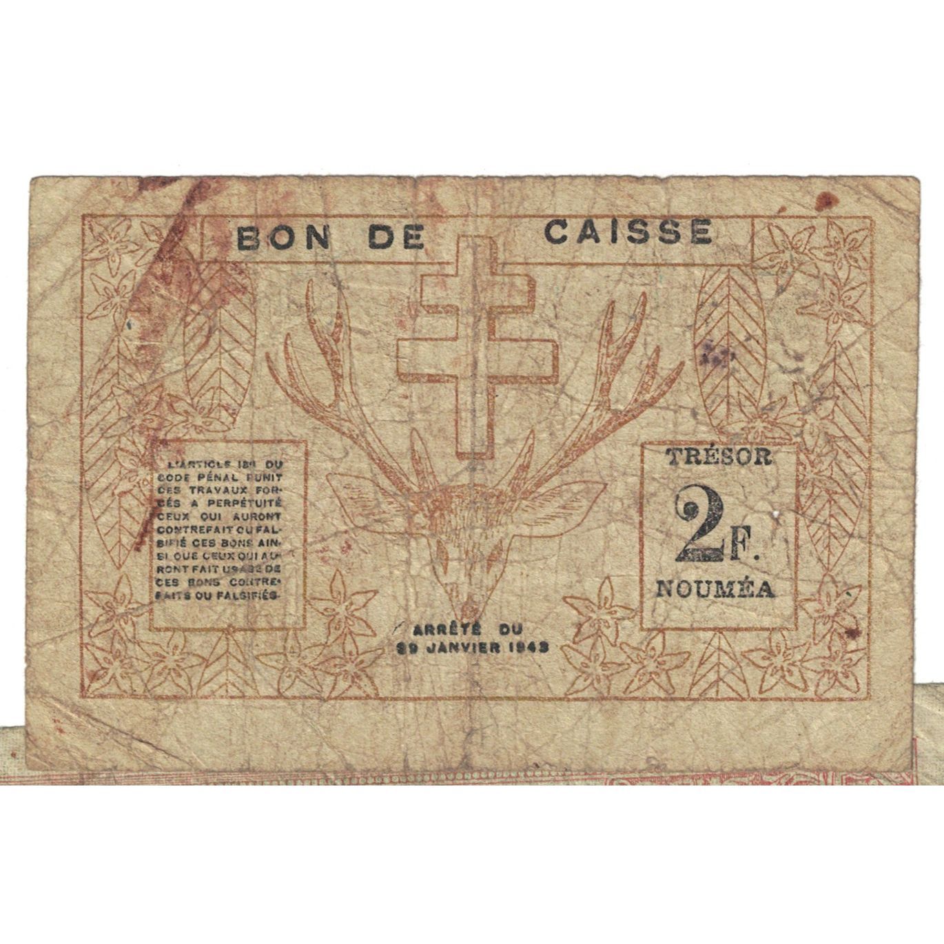 Billet, Nouvelle-Calédonie, 2 Francs, 1943, 1943-03-29, KM:56b, TB