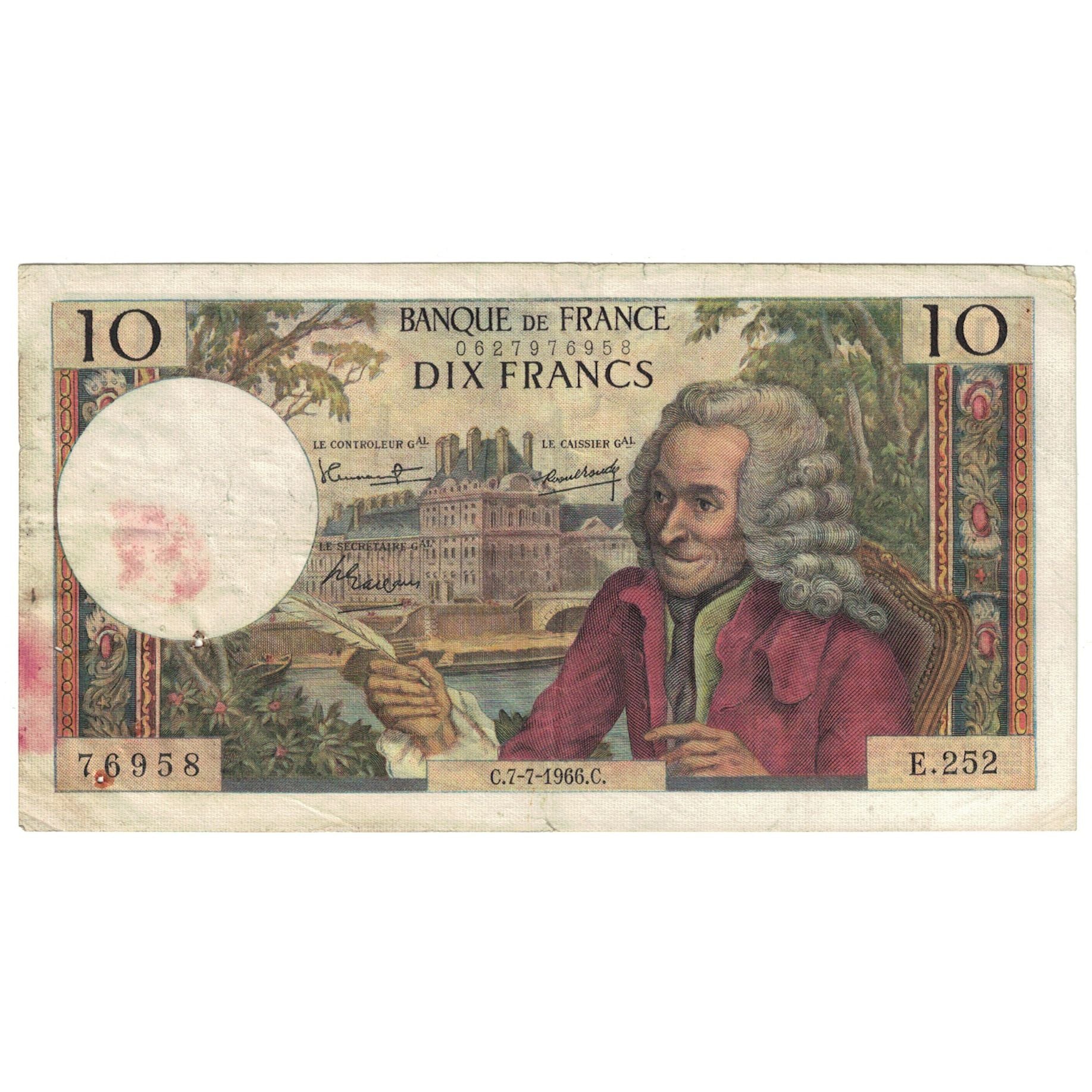 França, 10 Francs, Voltaire, 1966, E.252, VF(20-25), Fayette:62.22, KM:147b