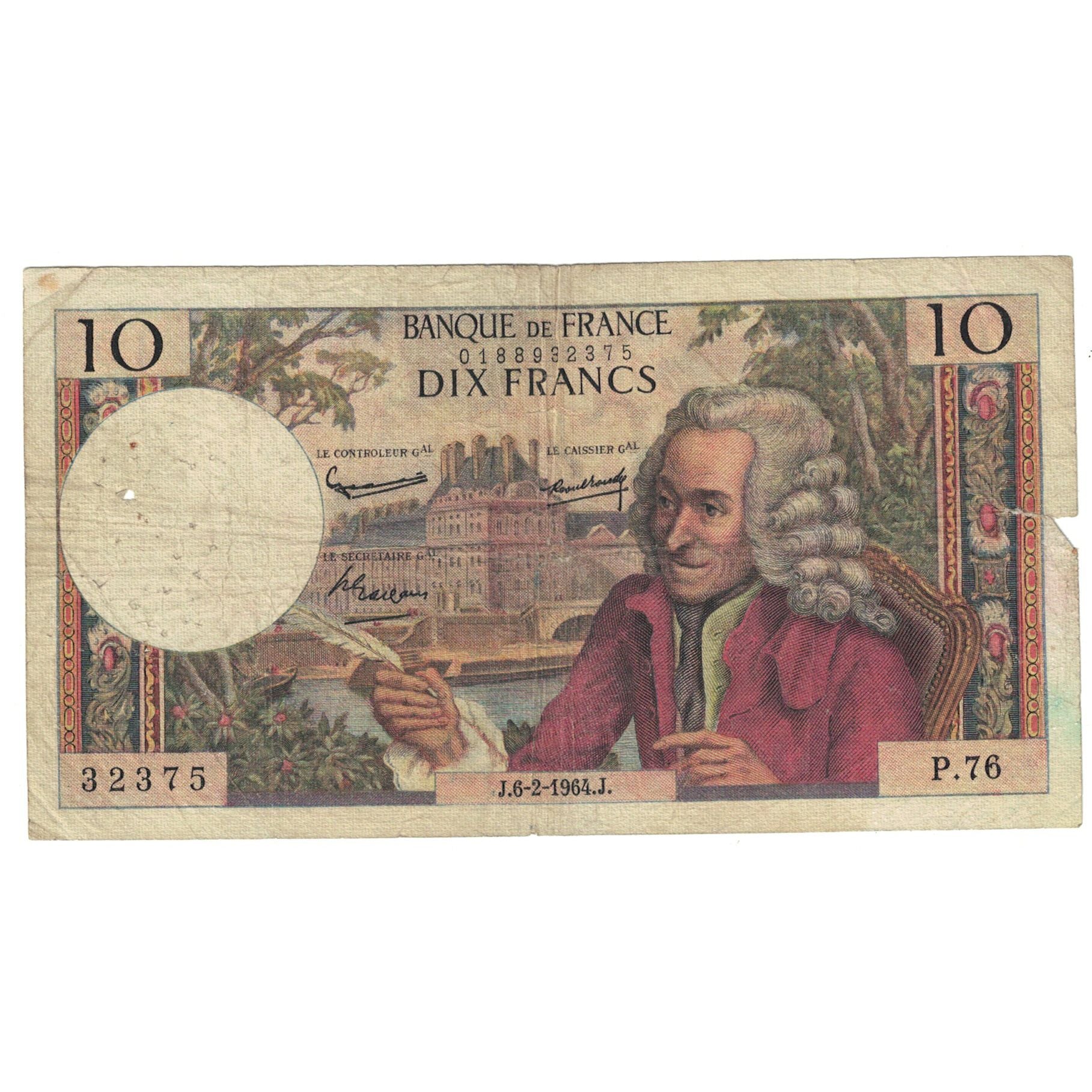 França, 10 Francs, Voltaire, 1964, P.76, VF(20-25), Fayette:62.08, KM:147a