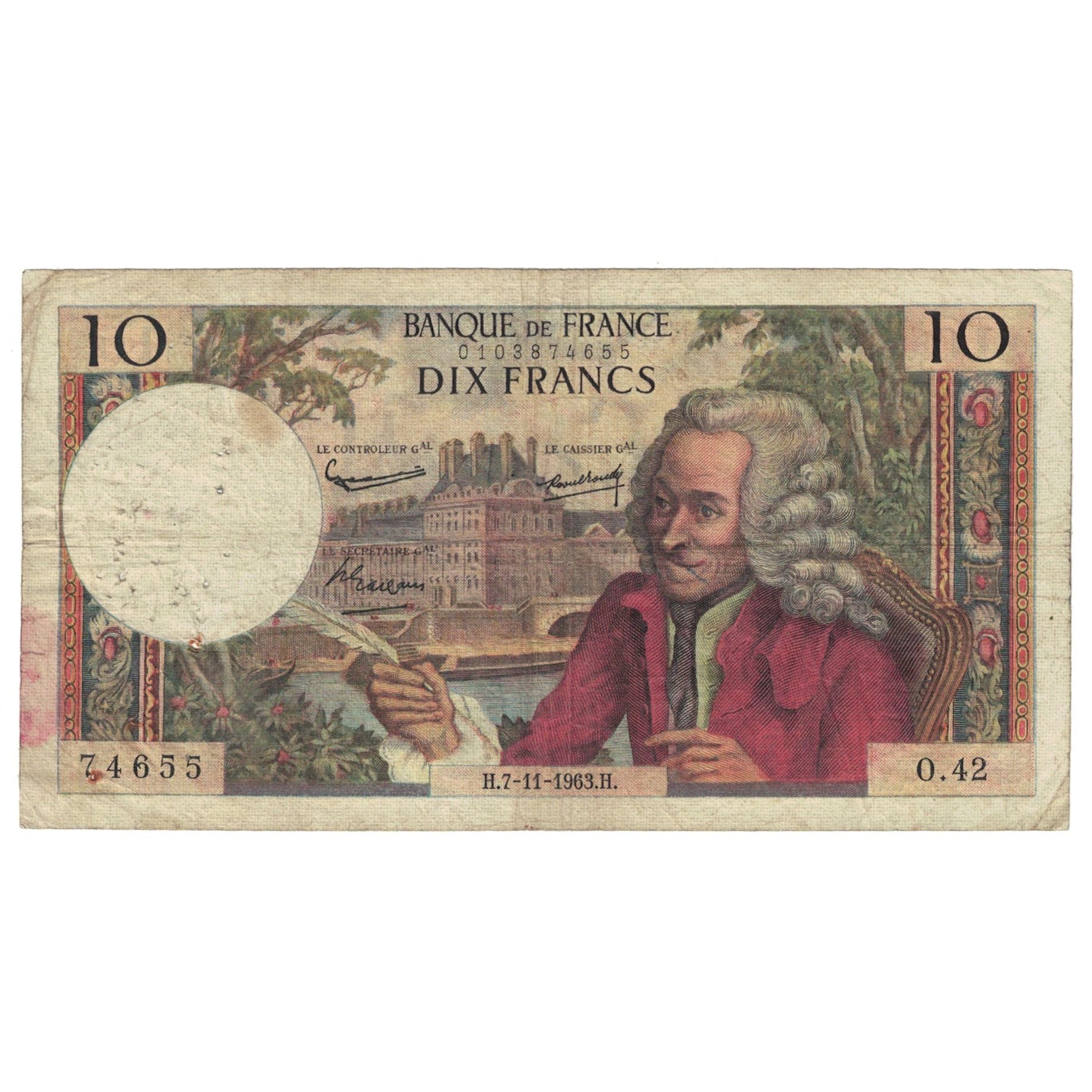 France, 10 Francs, Voltaire, 1963, O.42, TB, Fayette:F62.05, KM:147a