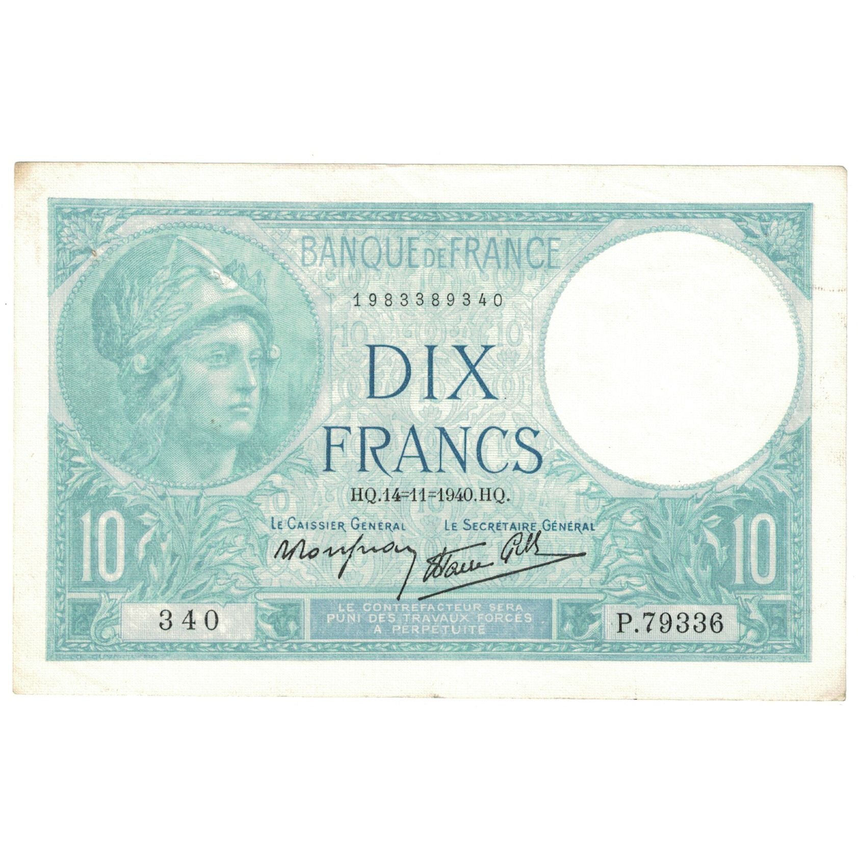 Francia, 10 Francs, Minerve, 1940, P.79336, SPL-, Fayette:7.20, KM:84
