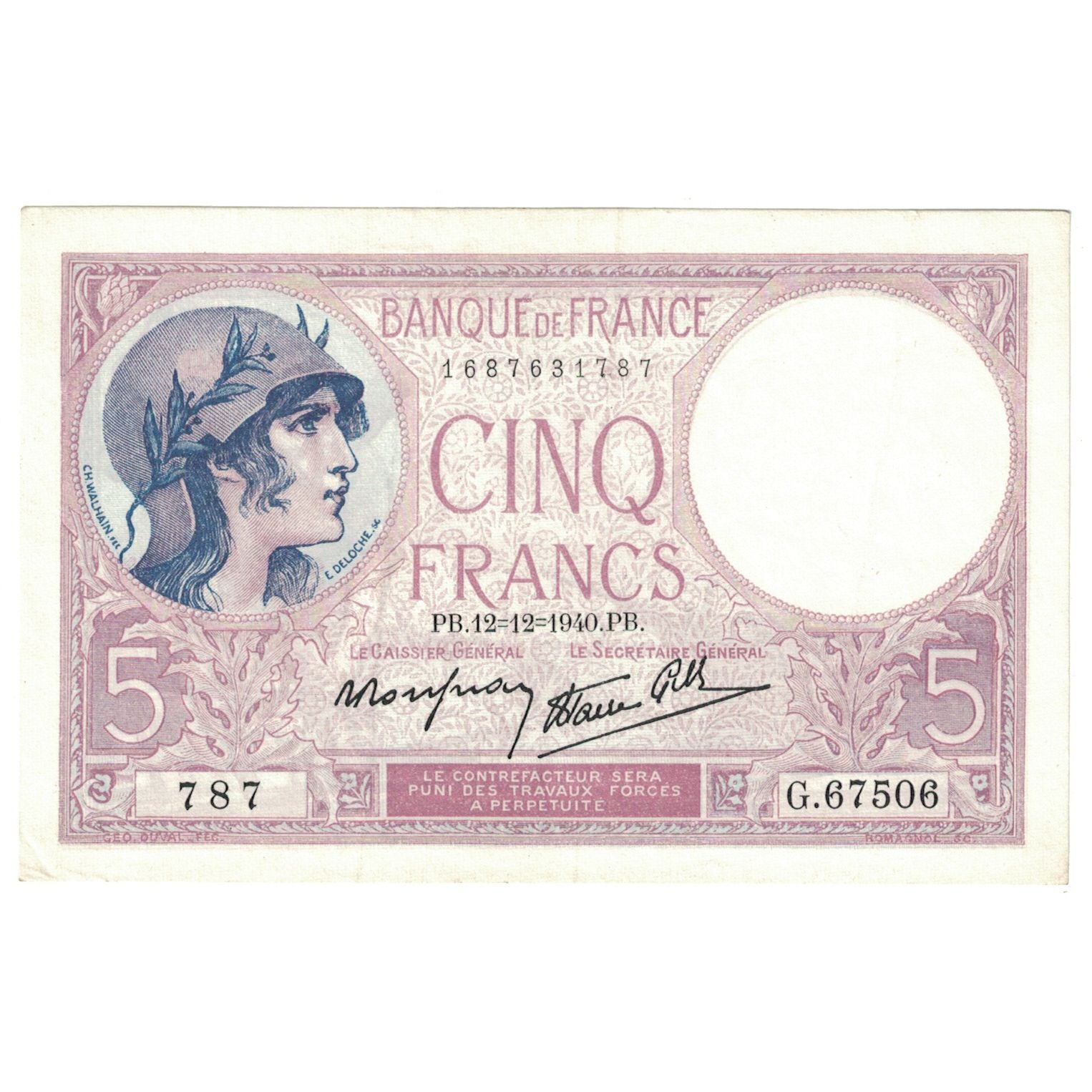 Francia, 5 Francs, Violet, 1940, G.67506, SC+, Fayette:4.17, KM:83