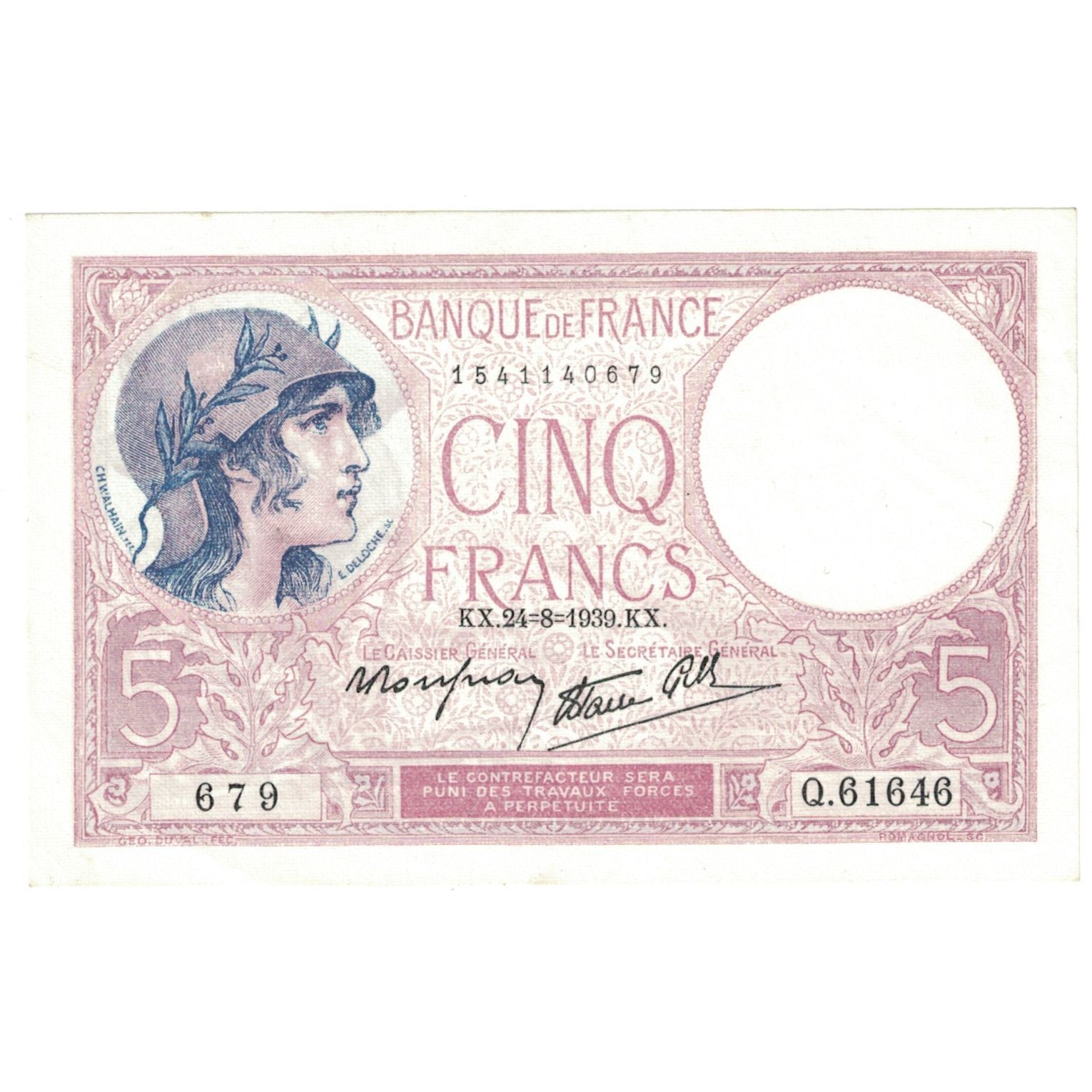 France, 5 Francs, Violet, 1939, Q.61646, UNC(63), Fayette:04.07, KM:83