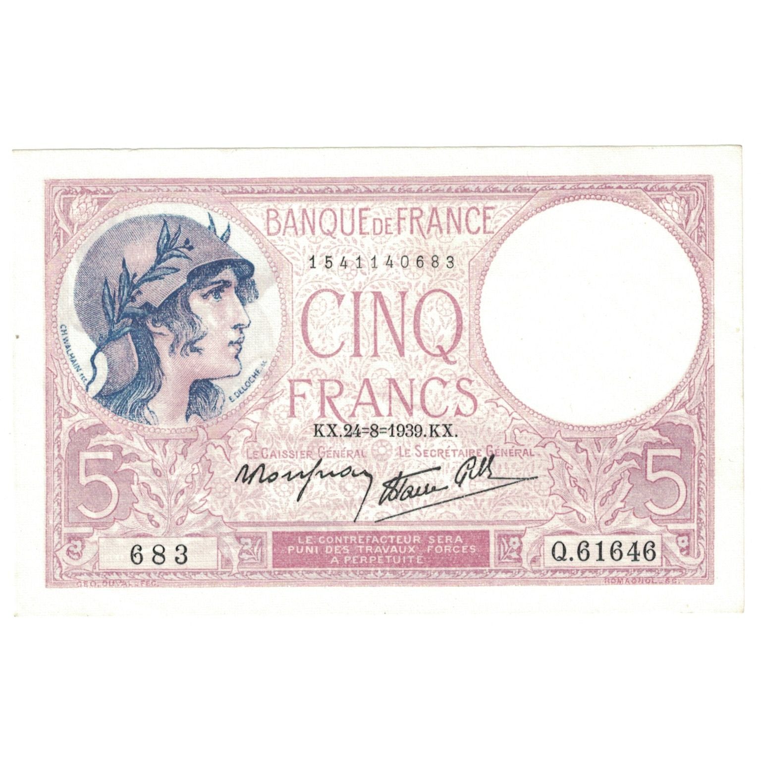 Frankrijk, 5 Francs, Violet, 1939, Q.61646, SPL+, Fayette:04.07, KM:83