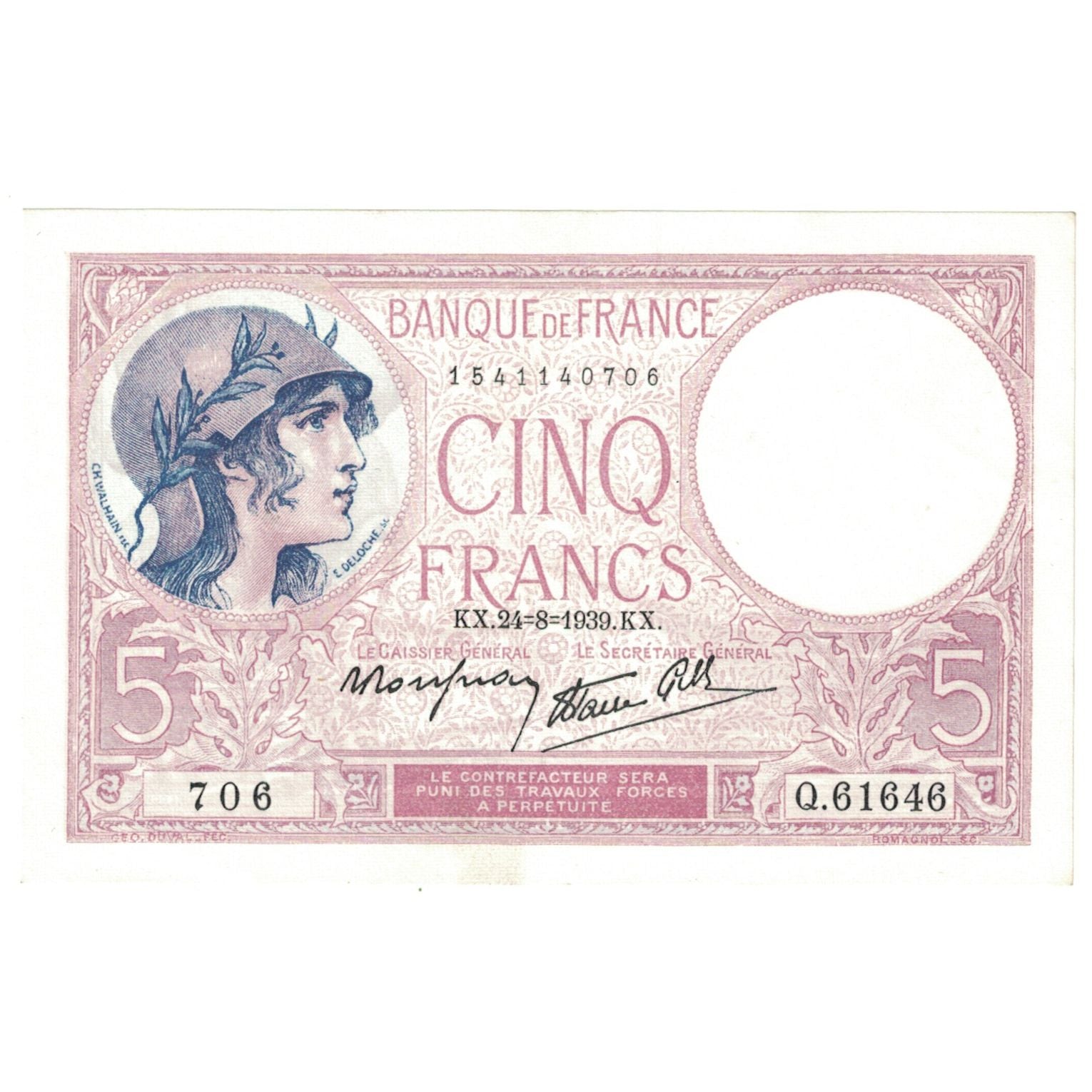 Francia, 5 Francs, Violet, 1939, Q.61646, SC+, Fayette:04.07, KM:83