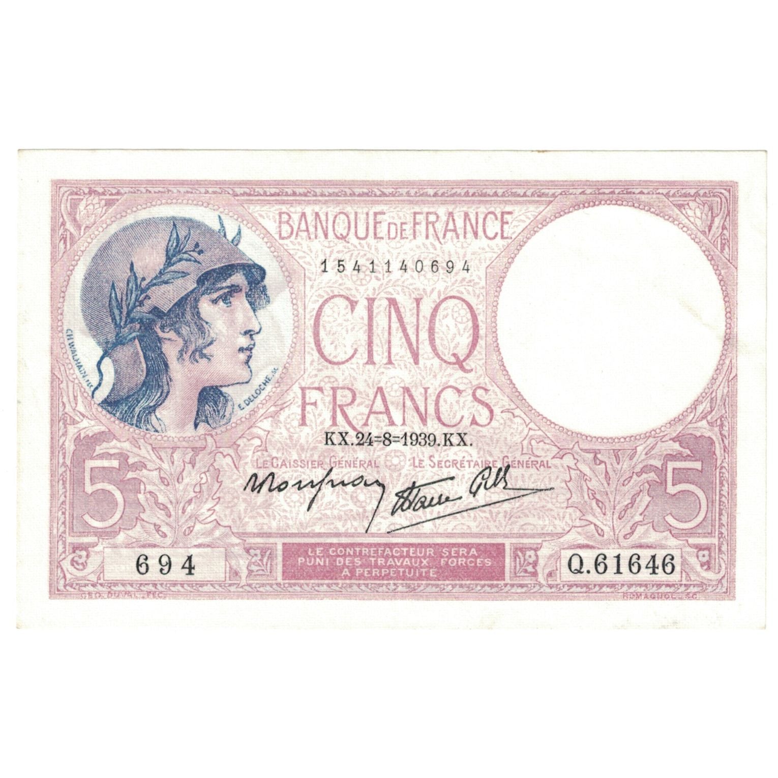 Francia, 5 Francs, Violet, 1939, Q.61646, SC+, Fayette:04.07, KM:83