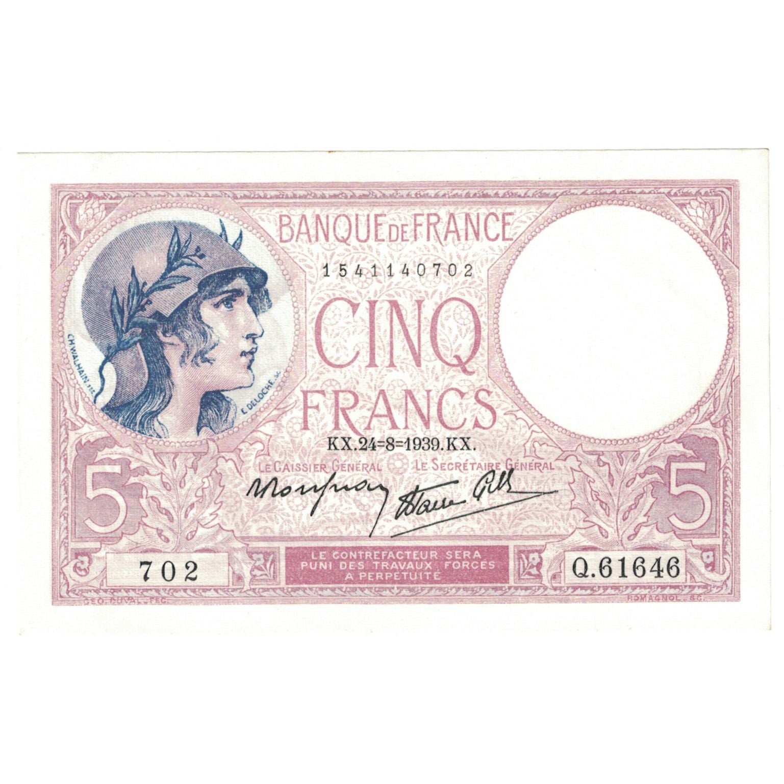 France, 5 Francs, Violet, 1939, Q.61646, UNC(65-70), Fayette:04.07, KM:83