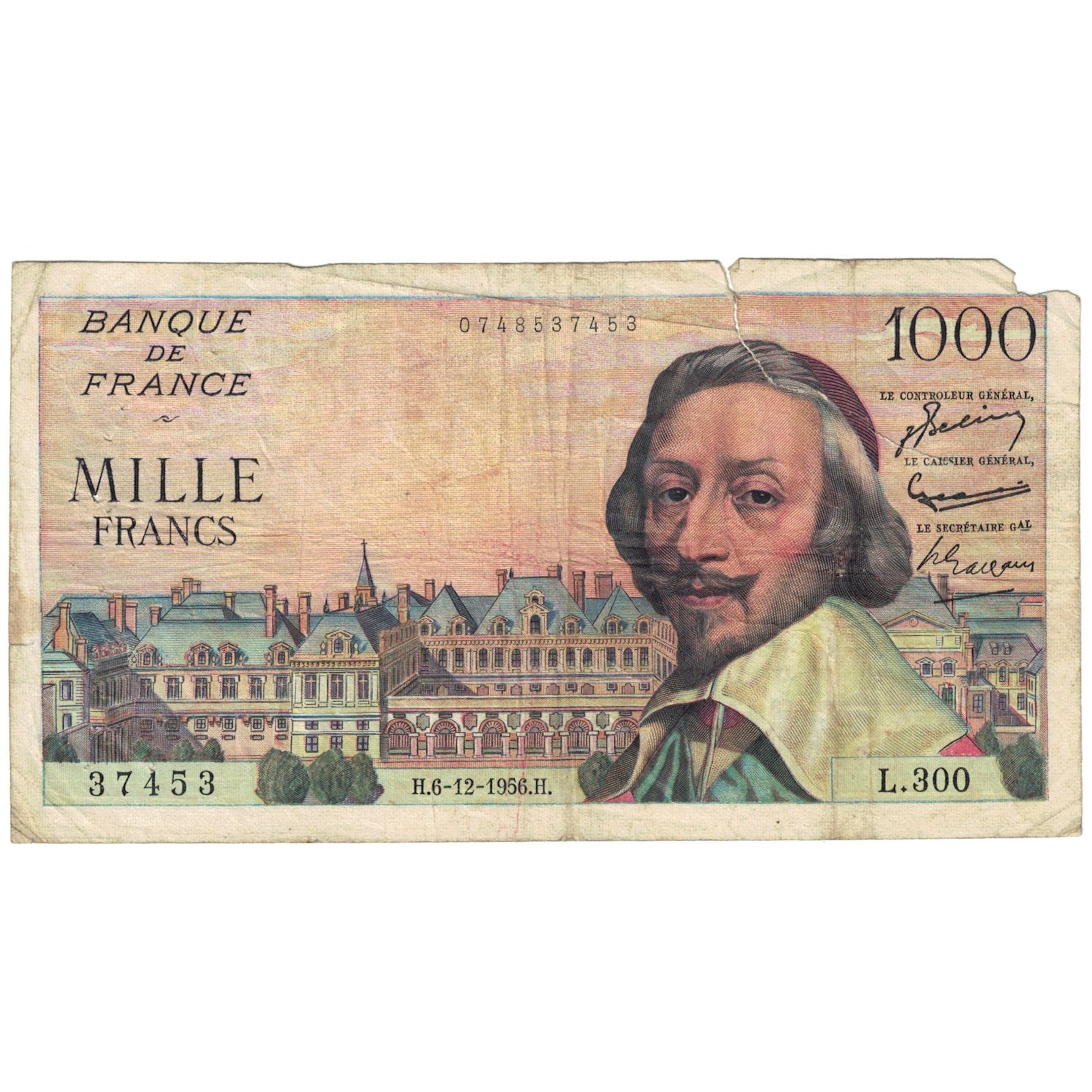 Francja, 1000 Francs, Richelieu, 1956, L.300, AG(1-3), Fayette:42.24, KM:134a