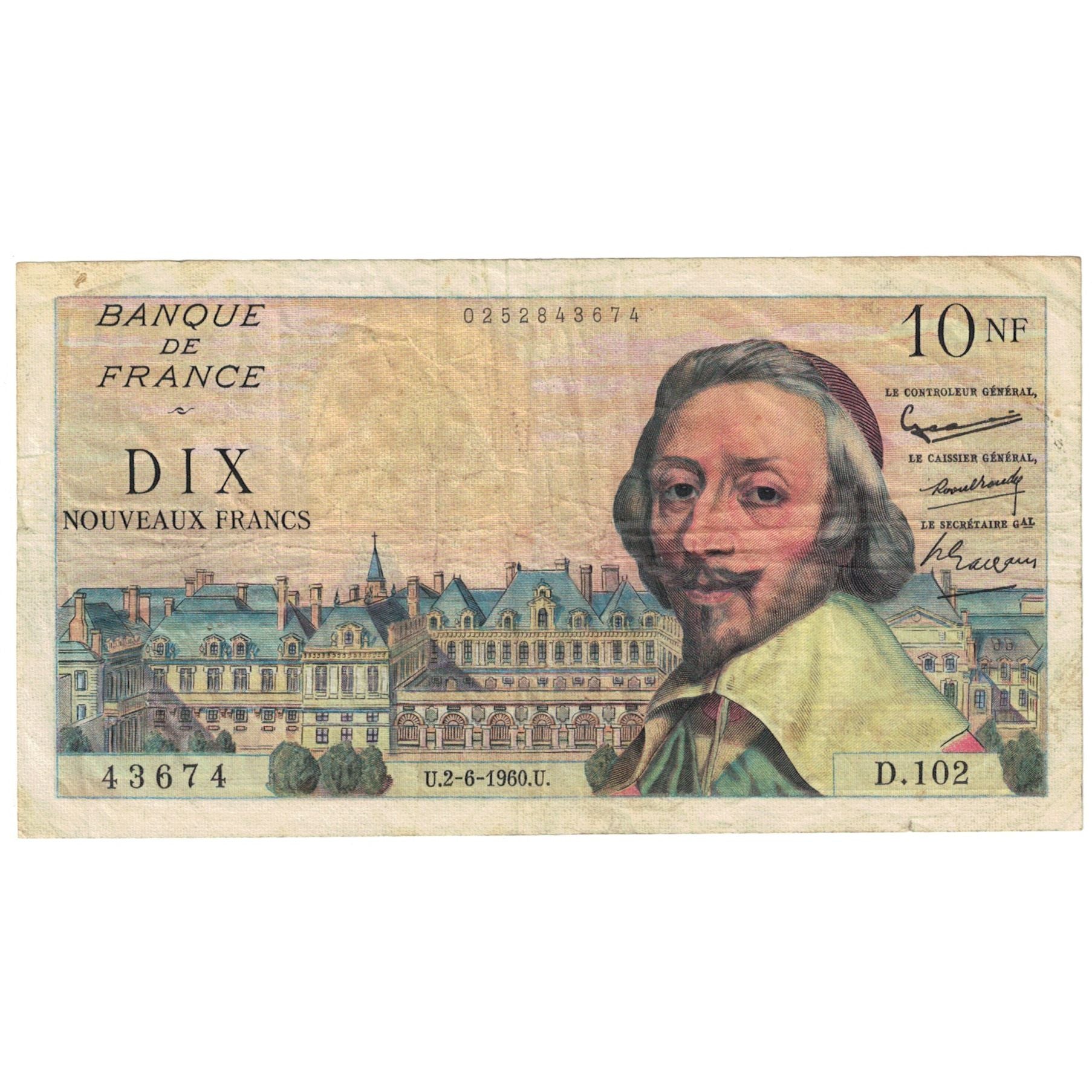 France, 10 Nouveaux Francs, Richelieu, 1960, D.102, VF(20-25), Fayette:57.8