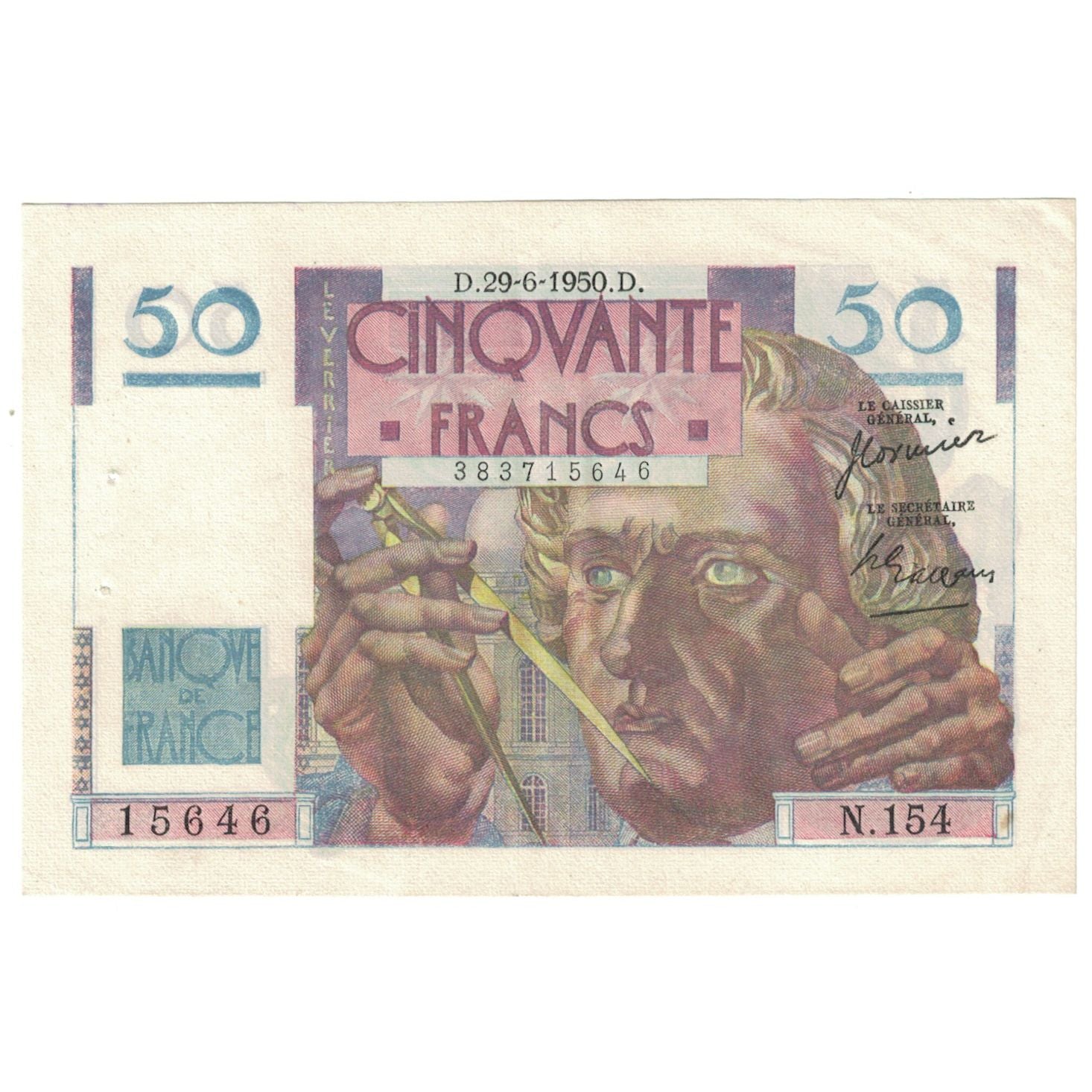 France, 50 Francs, Le Verrier, 1950, N.154, UNC(60-62), Fayette:20.15, KM:127c