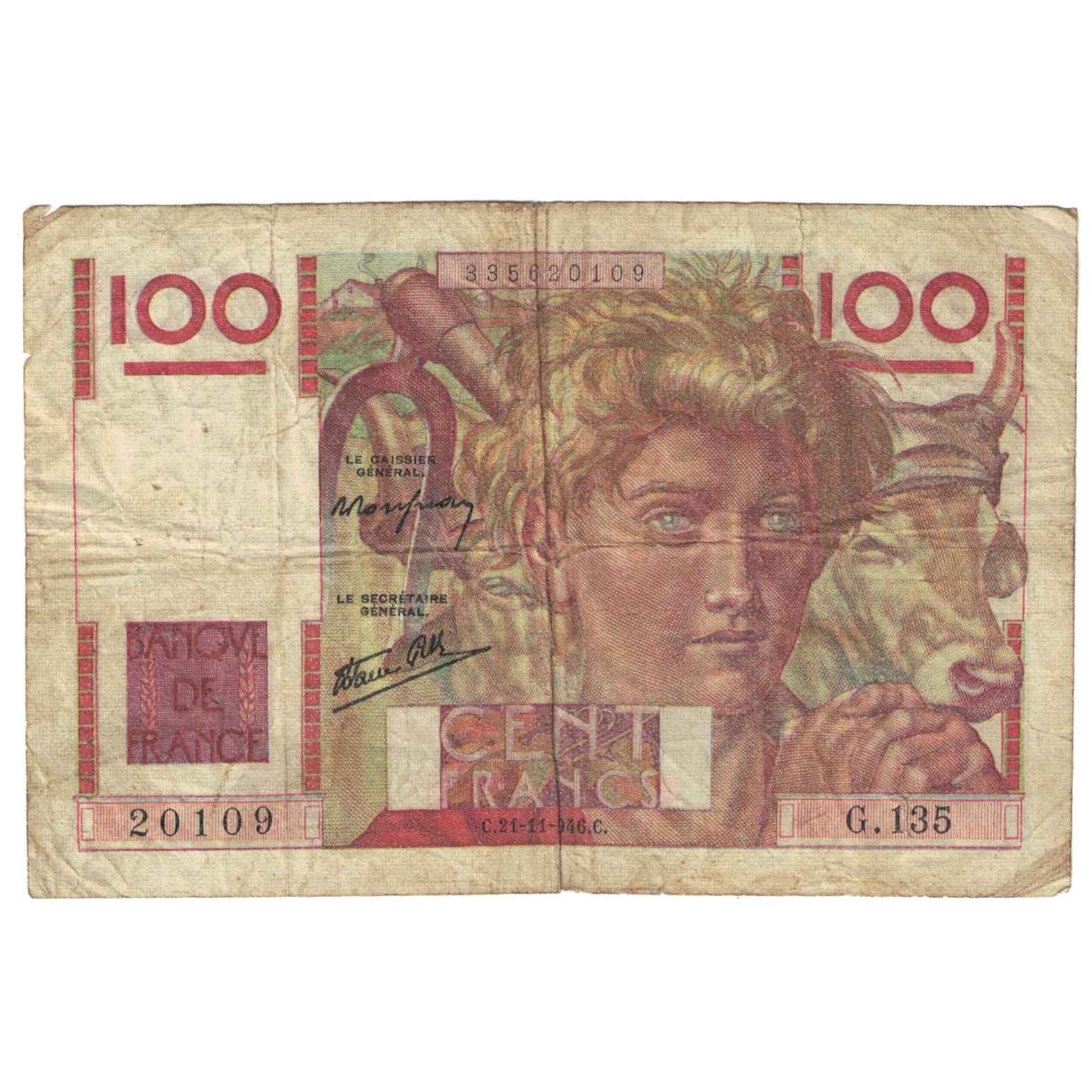 Francja, 100 Francs, Jeune Paysan, 1946, G.135, F(12-15), Fayette:28.11, KM:128a