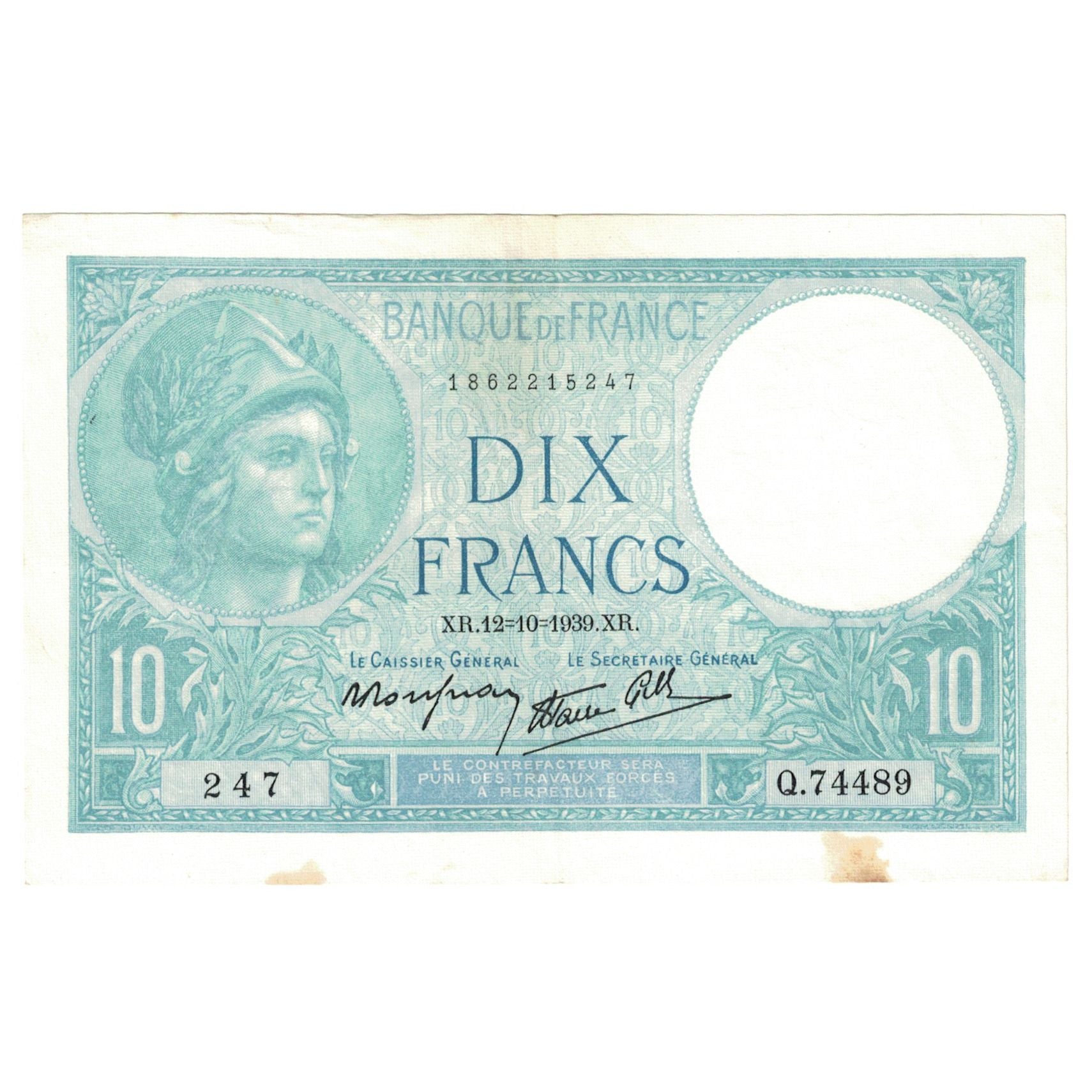 França, 10 Francs, Minerve, 1939, Q.74489, AU(55-58), Fayette:07.11, KM:84