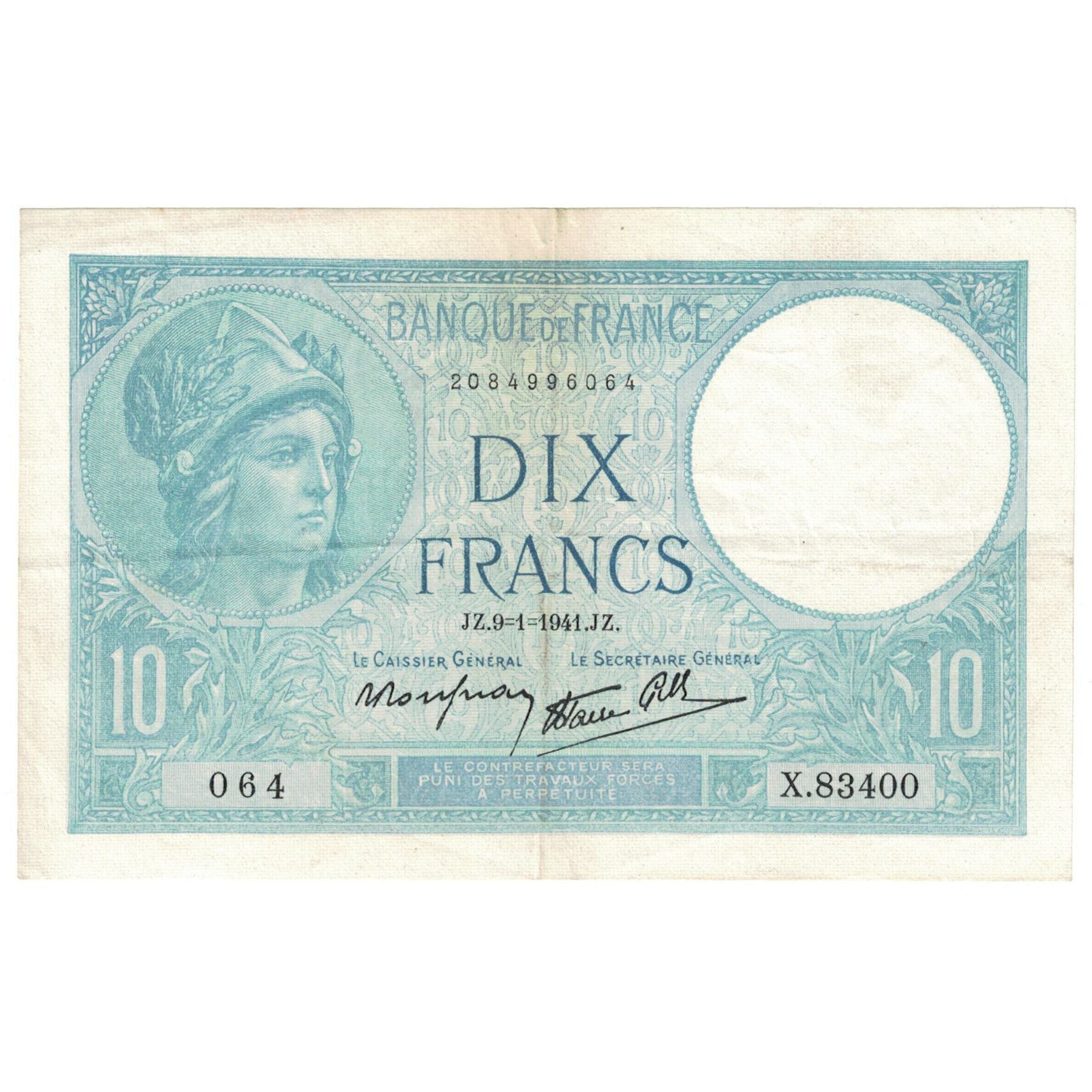 Francia, 10 Francs, Minerve, 1941, X.83400, BB+, Fayette:07.27, KM:84