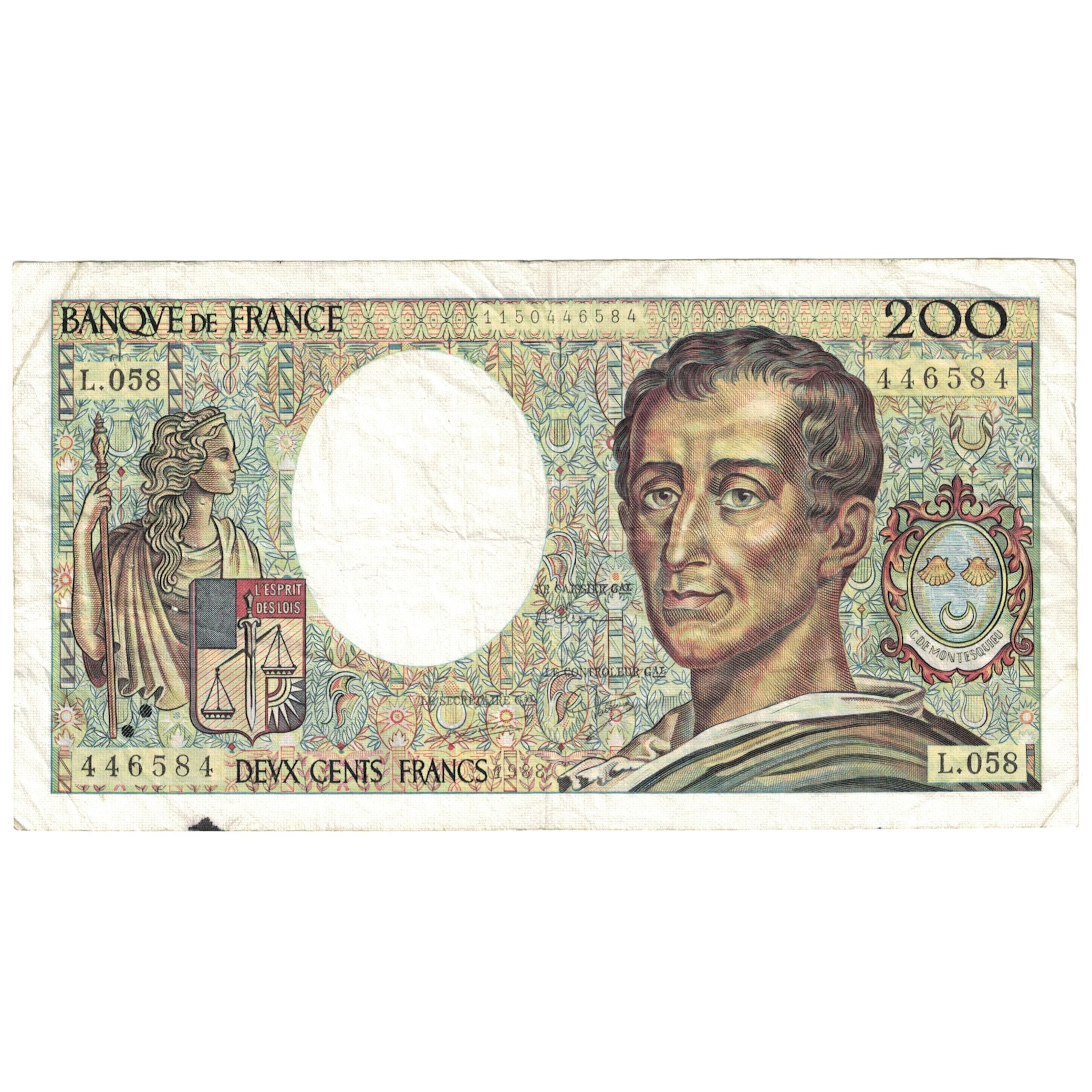 França, 200 Francs, Montesquieu, 1988, L.058, VF(20-25), Fayette:70.8, KM:155c