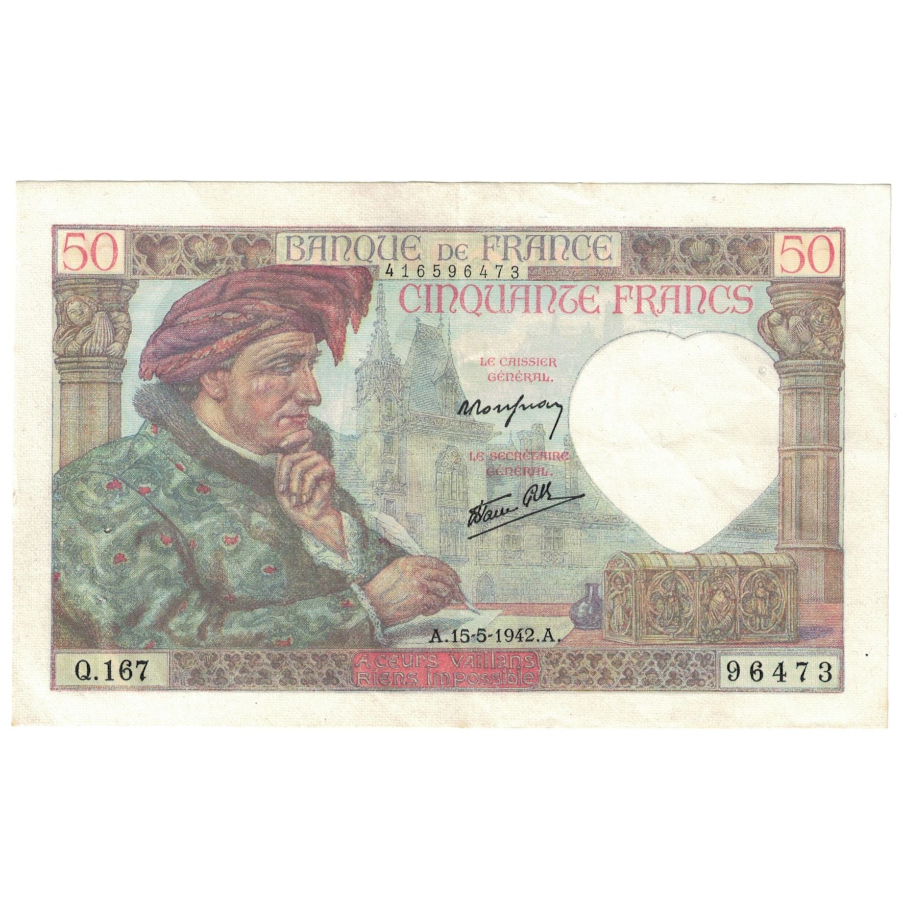 Francia, 50 Francs, Jacques Coeur, 1942, Q.167, SPL, Fayette:19.20, KM:93