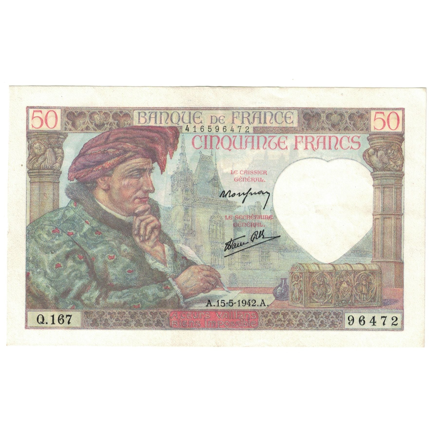 Francia, 50 Francs, Jacques Coeur, 1942, Q.167, EBC+, Fayette:19.20, KM:93