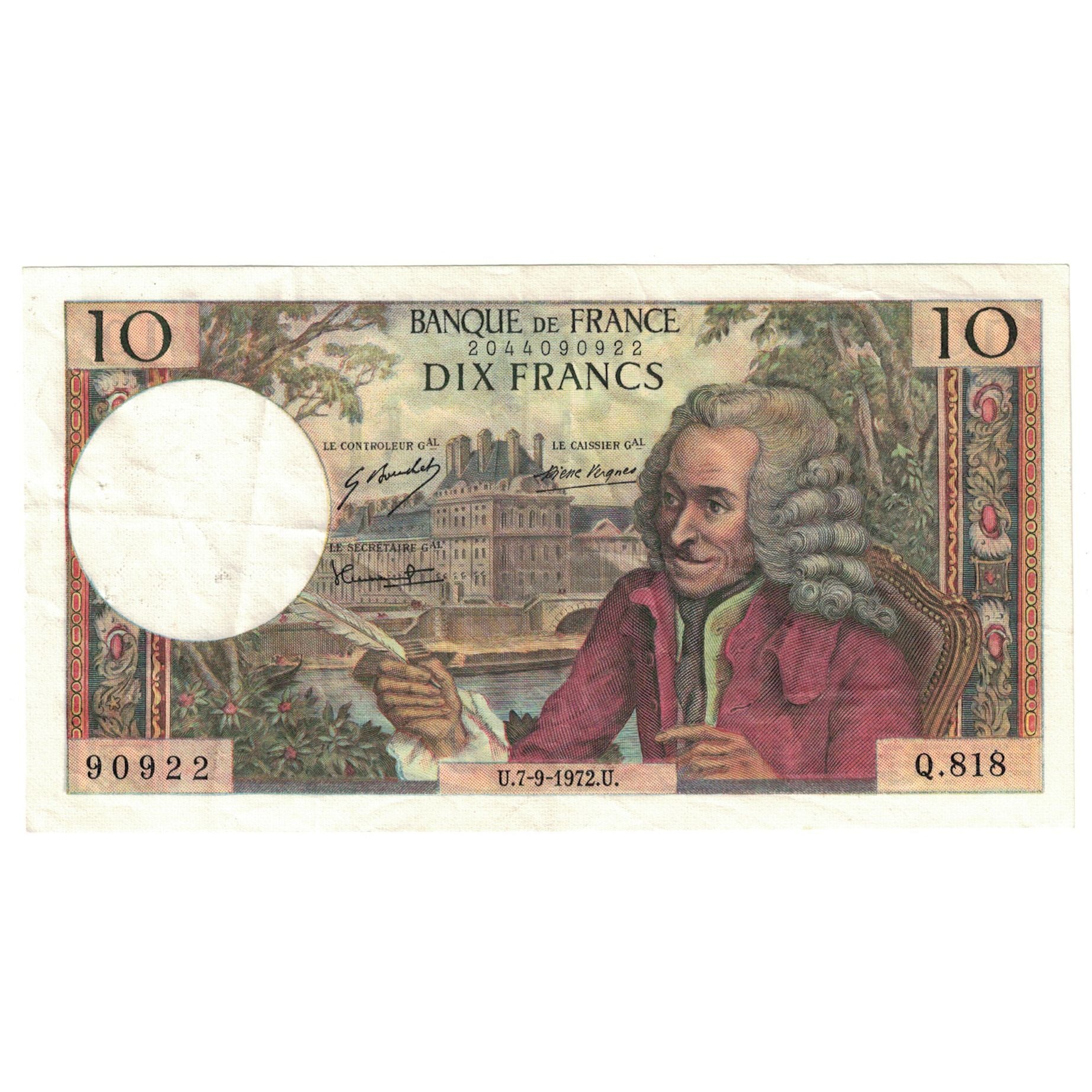 France, 10 Francs, Voltaire, 1972, Q.818, AU(50-53), Fayette:62.58, KM:147d