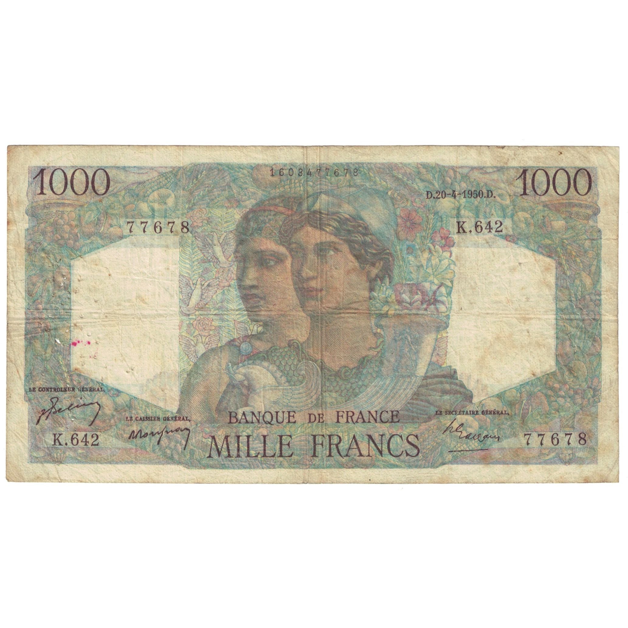 France, 1000 Francs, Minerve et Hercule, 1950, K.642, F(12-15), Fayette:41.32