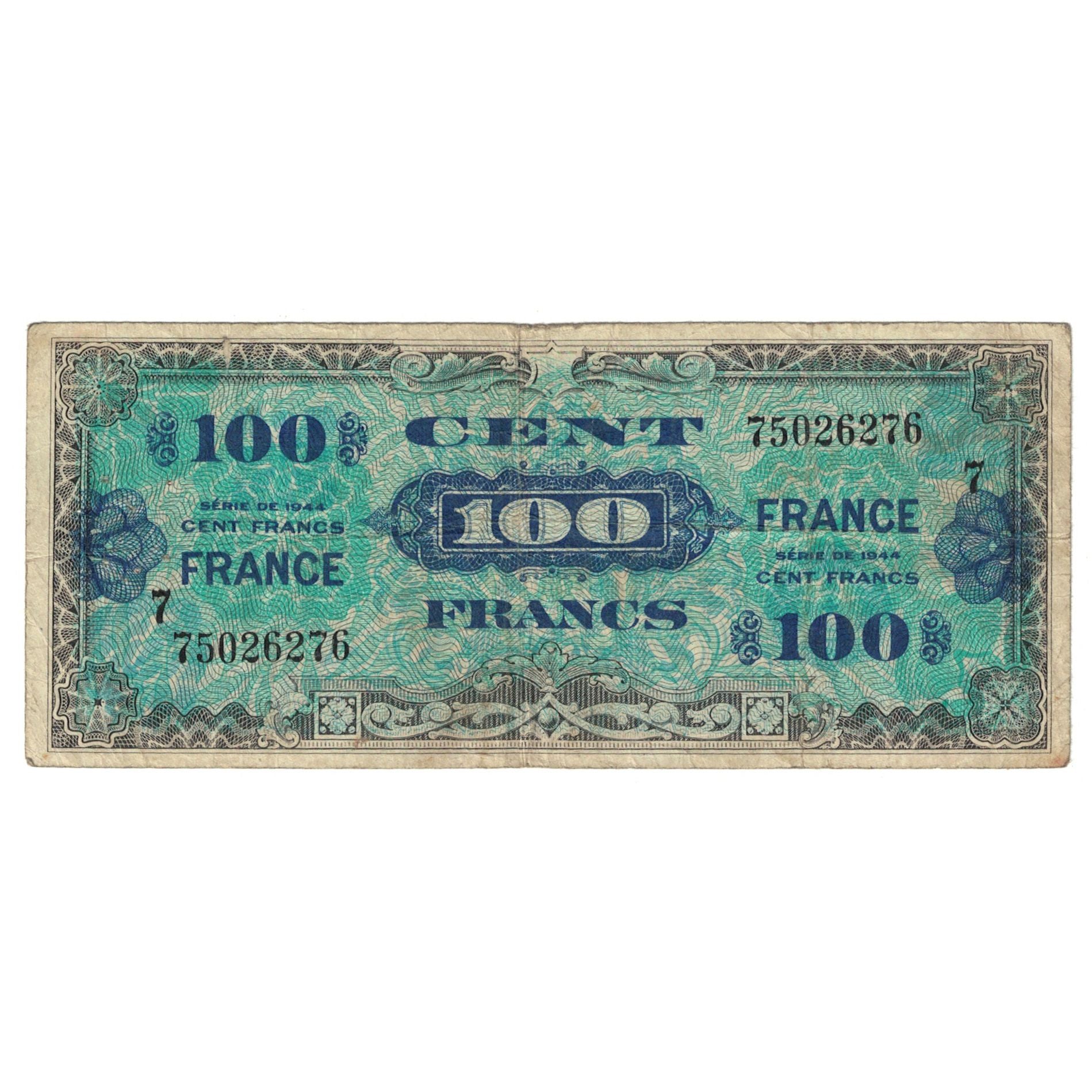 Francia, 100 Francs, Flag/France, 1944, 75026276, BC, Fayette:VF25.7, KM:123c