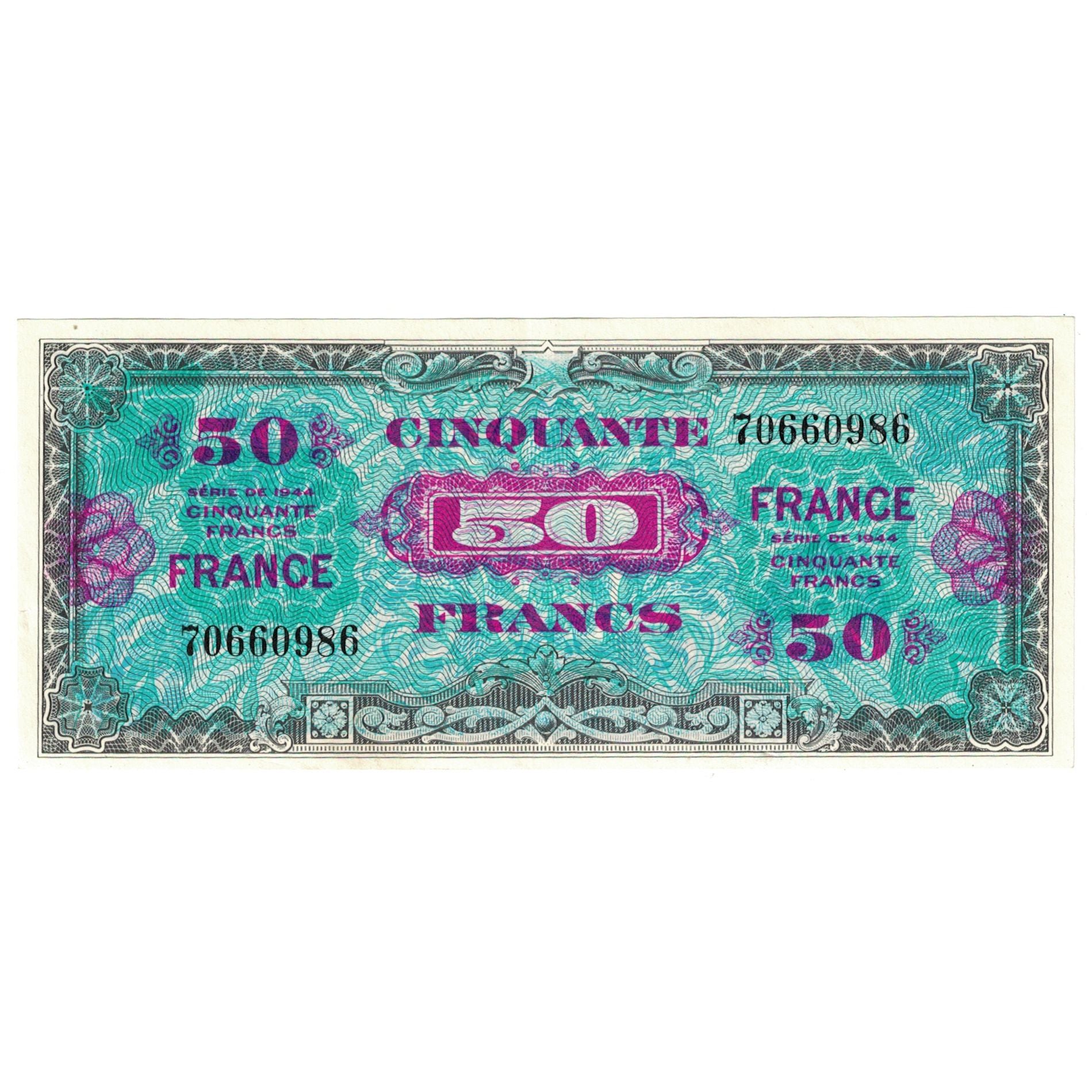 France, 50 Francs, Flag/France, 1944, 70660986, UNC(64), Fayette:VF24.01