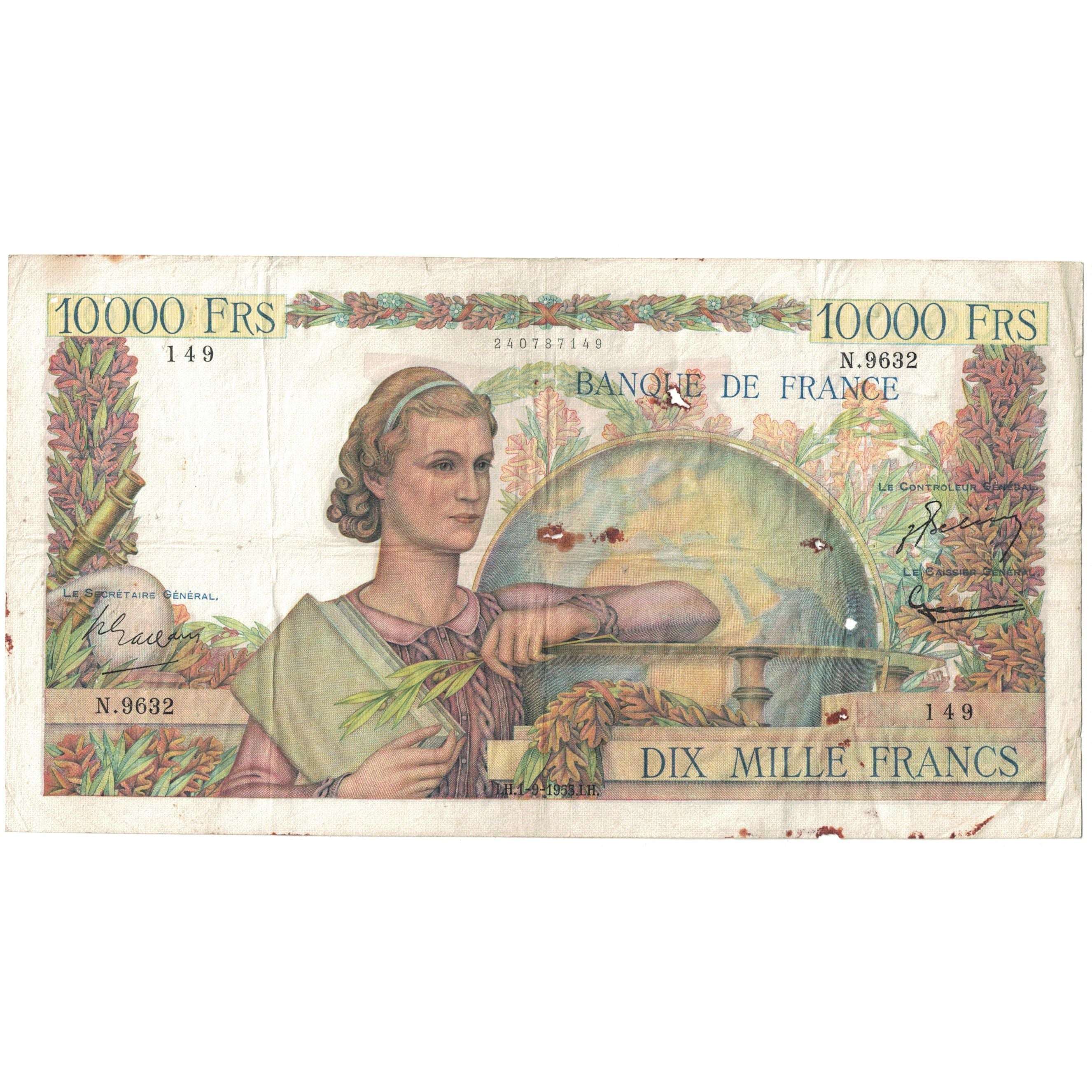 Francja, 10,000 Francs, Génie Français, 1953, N.9632, VG(8-10), Fayette:50.76