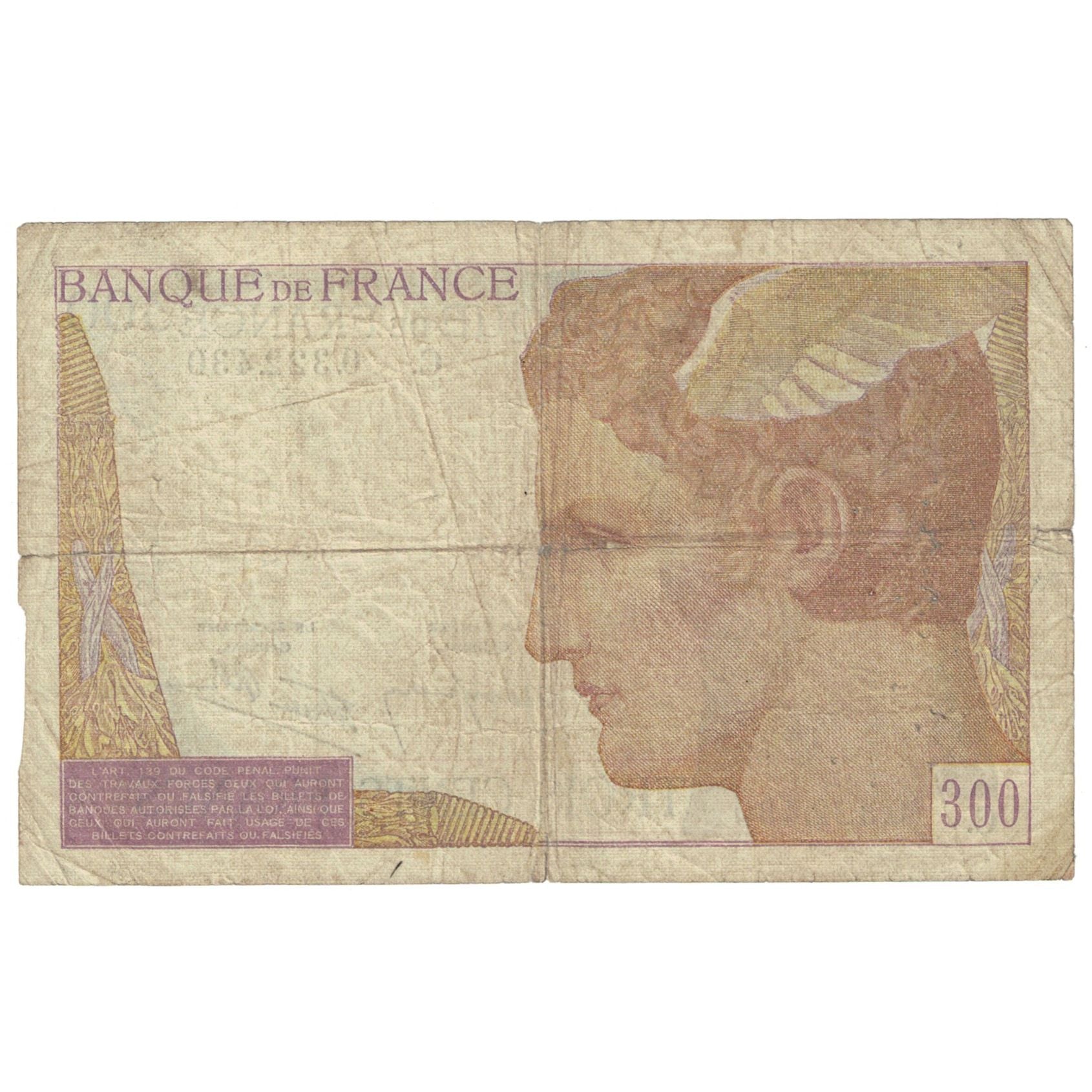 France, 300 Francs, Serveau, Undated (1938), O.322.430, VG(8-10), Fayette:29.01