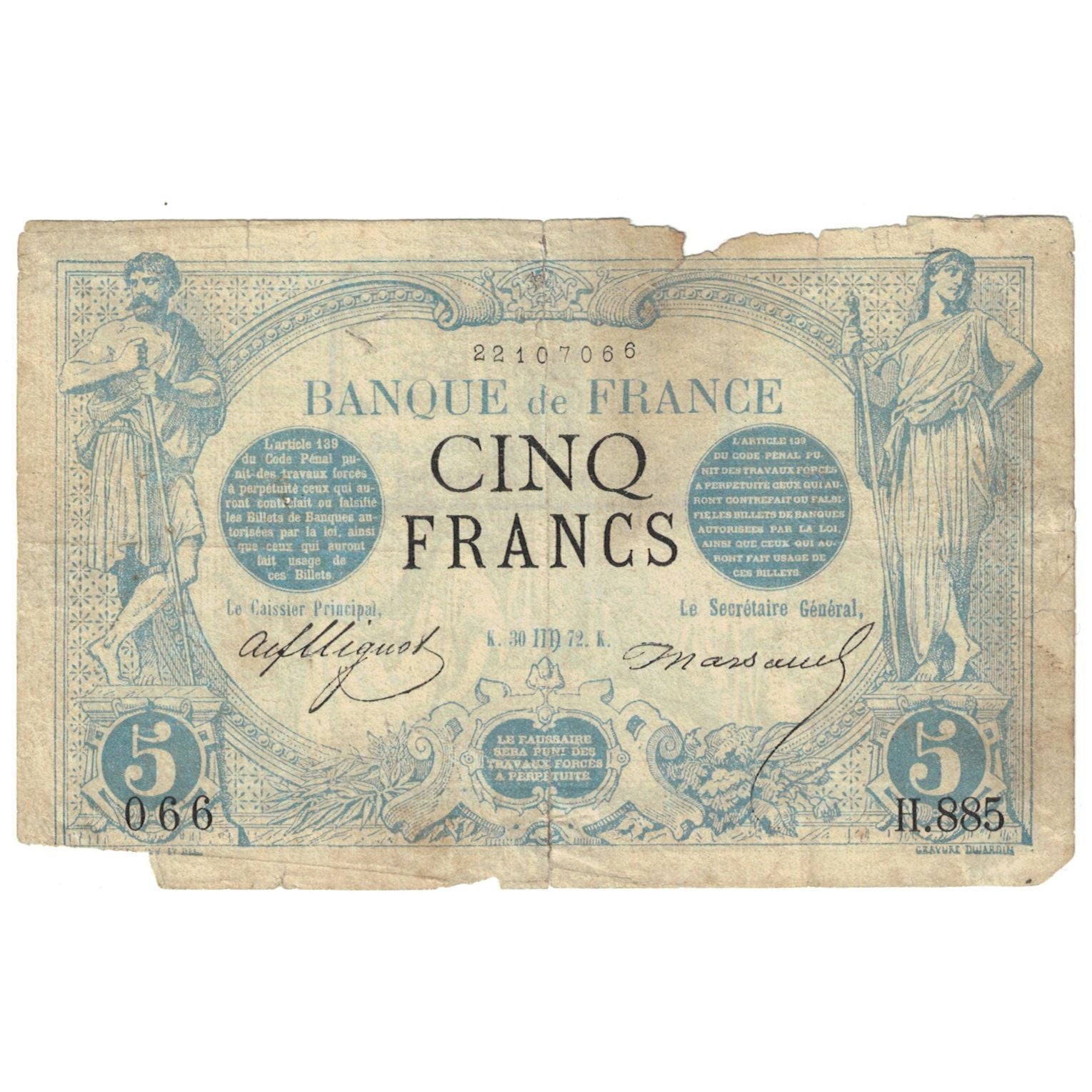 France, 5 Francs, Noir, 1872, H.885, AG(1-3), Fayette:1.09, KM:60
