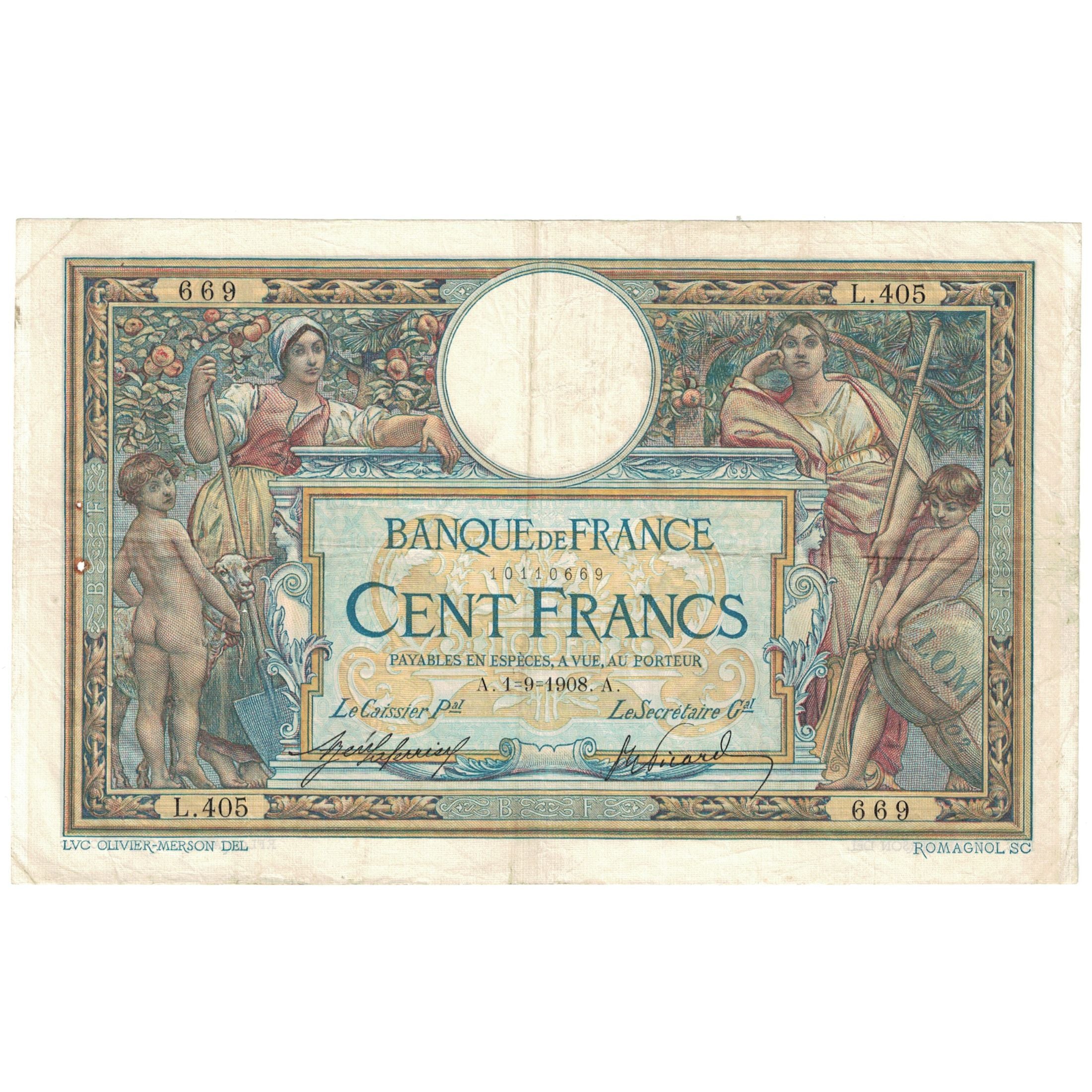 Francia, 100 Francs, Luc Olivier Merson, 1908, L.405, MB+, Fayette:22.01, KM:69