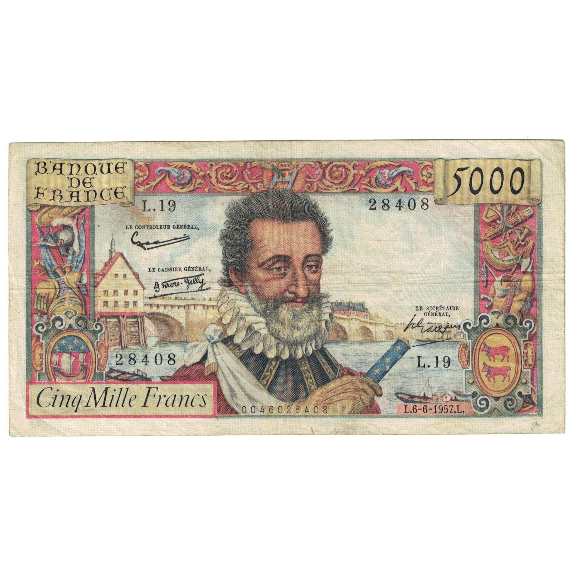 França, 5000 Francs, Henri IV, 1957, L.19, VF(20-25), Fayette:49.2, KM:135a