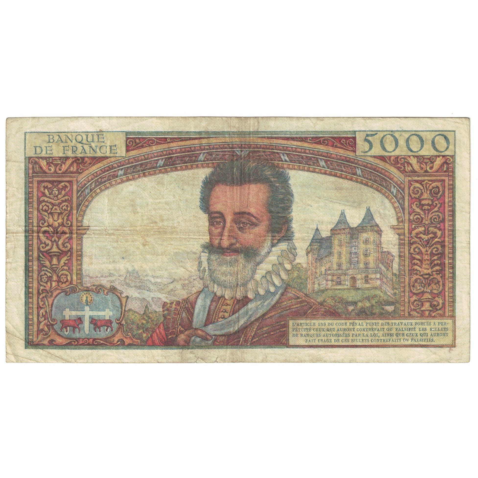 França, 5000 Francs, Henri IV, 1957, L.19, VF(20-25), Fayette:49.2, KM:135a