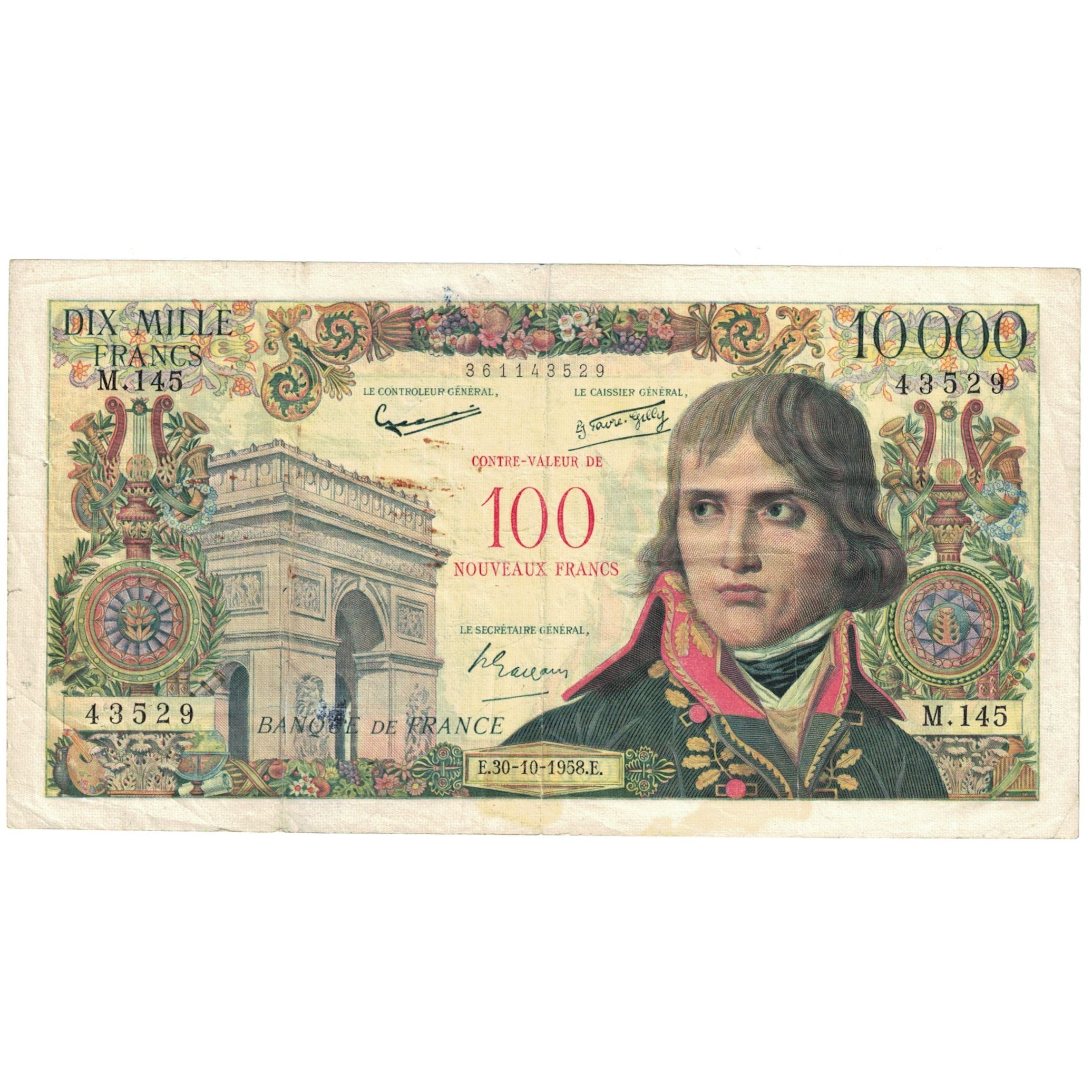 França, 100 Nouveaux Francs on 10,000 Francs, 1955-1959 Overprinted with