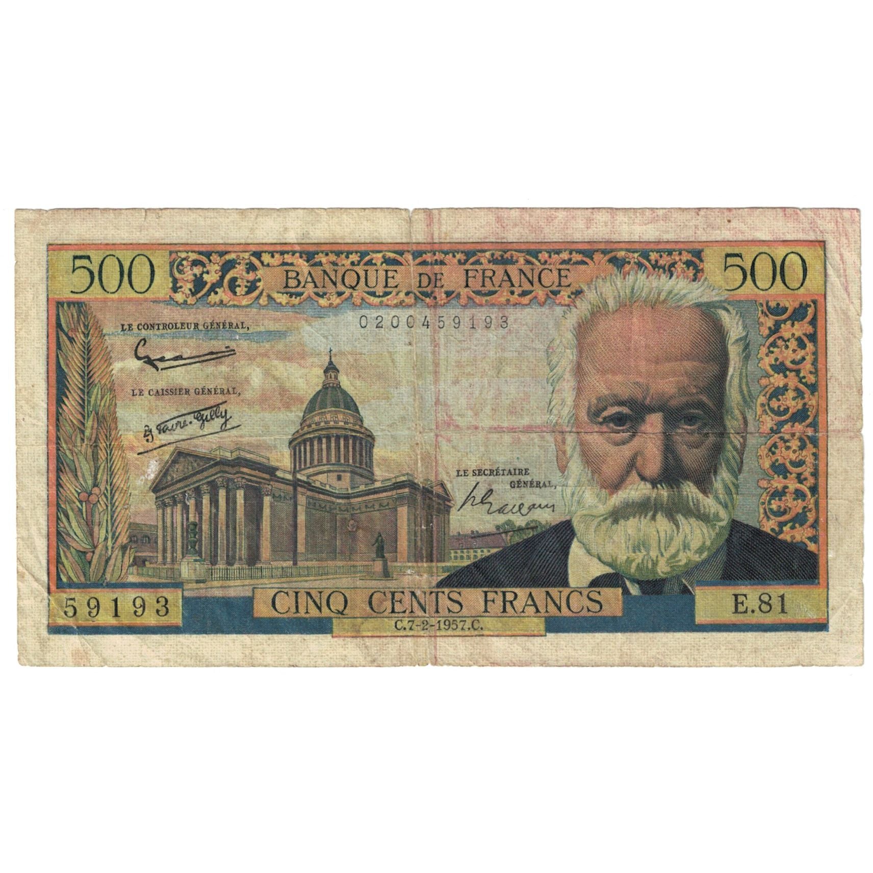 França, 500 Francs, Victor Hugo, 1957, E.81, F(12-15), Fayette:35.6, KM:133b