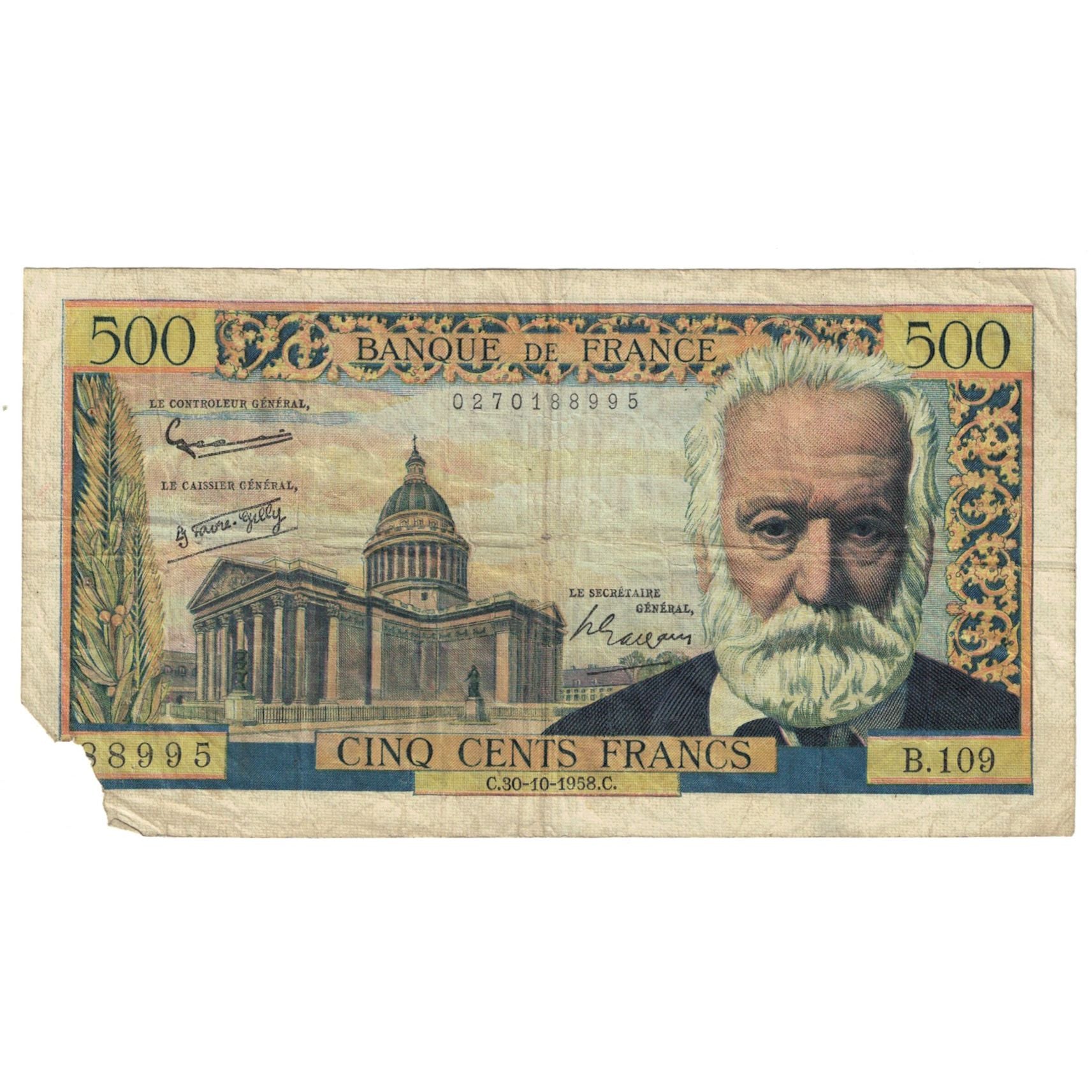 France, 500 Francs, Victor Hugo, 1958, B.109, AB, Fayette:35.11, KM:133b