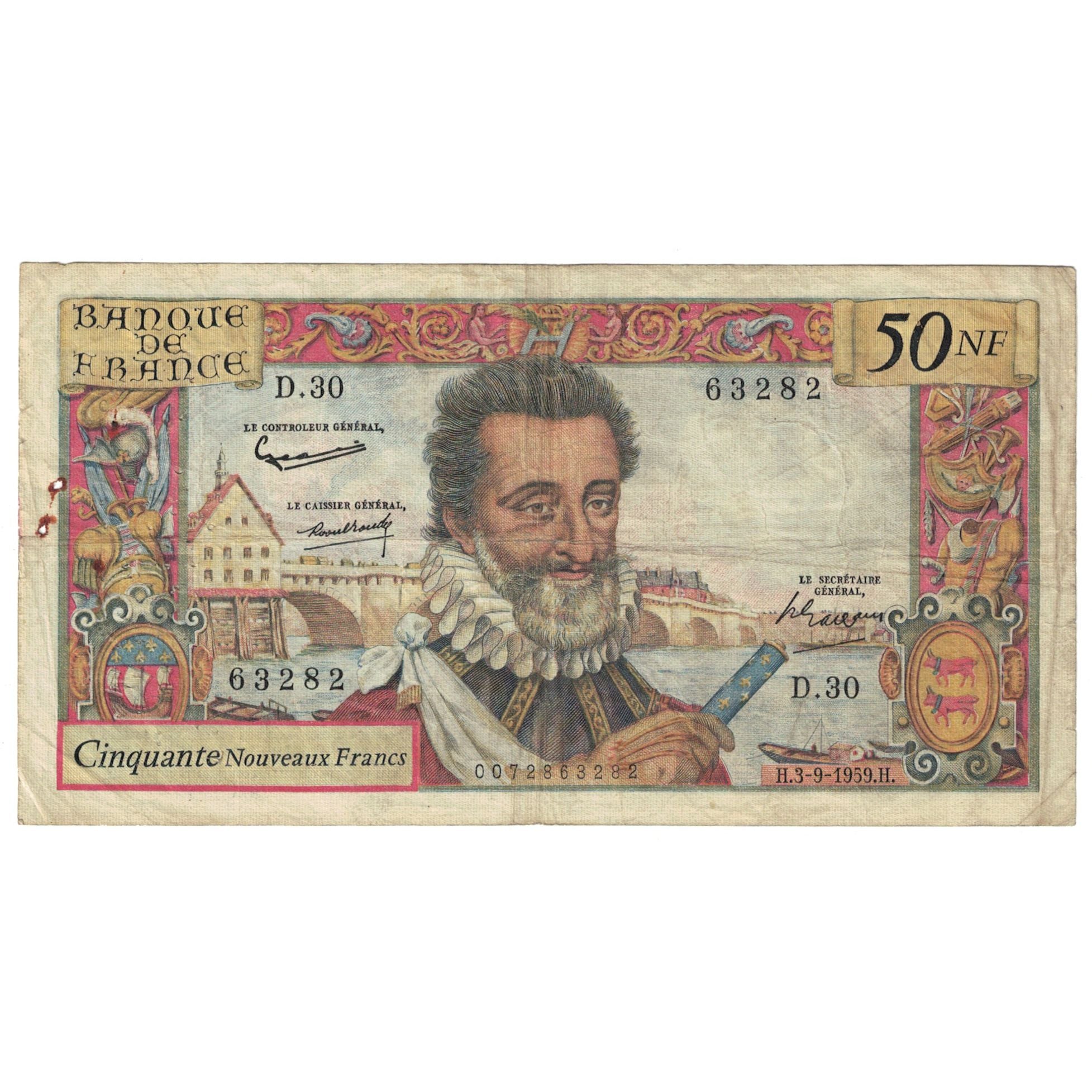 France, 50 Nouveaux Francs, Henri IV, 1959, D.30, VF(20-25), Fayette:58.3