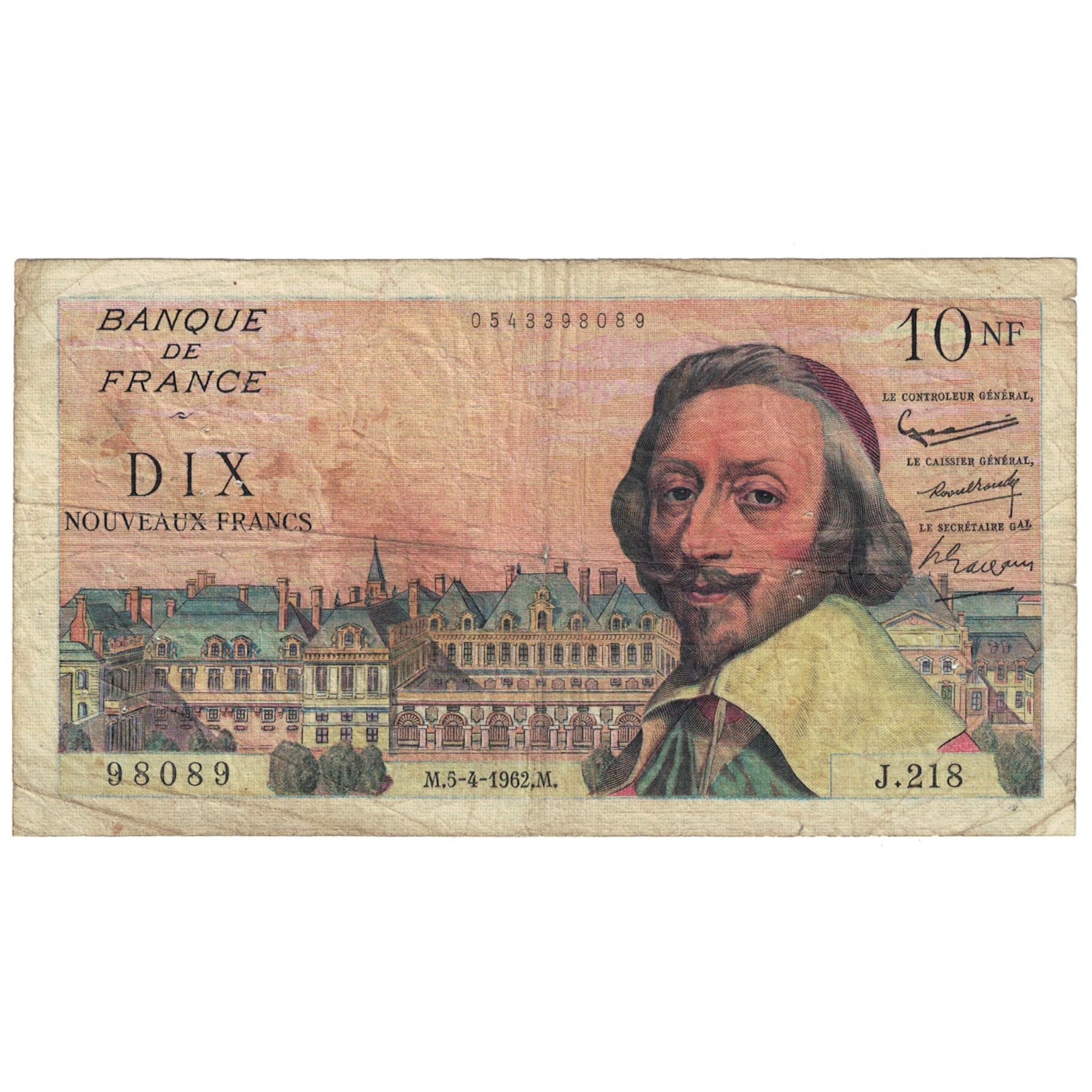 France, 10 Nouveaux Francs, Richelieu, 1962, J.218, VG(8-10), Fayette:57.18