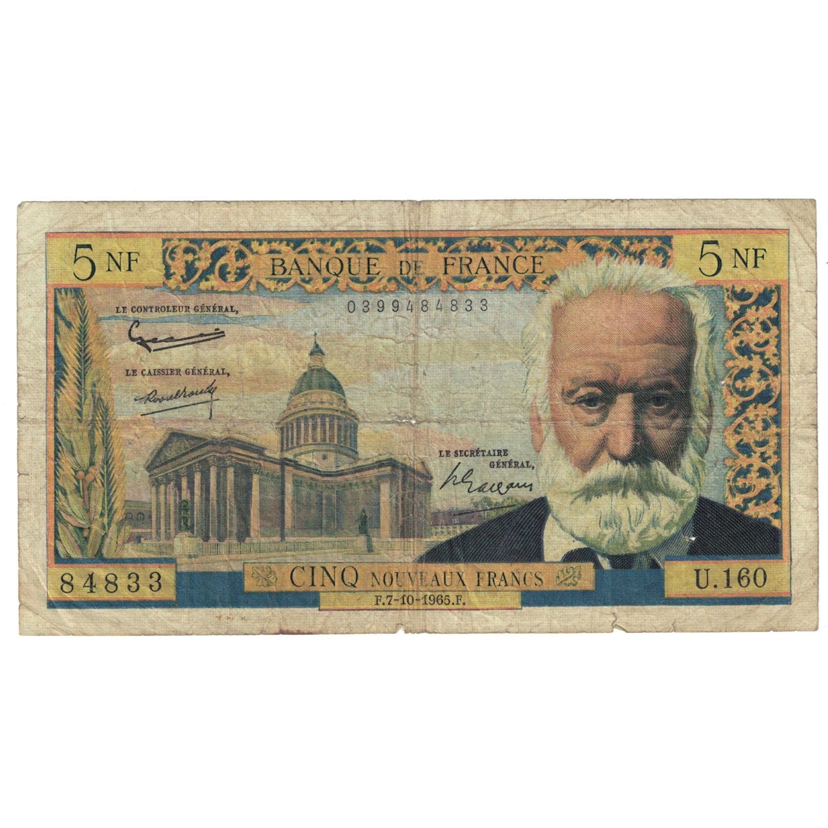 Frankrijk, 5 Nouveaux Francs, Victor Hugo, 1965, U.160, B, Fayette:56.20