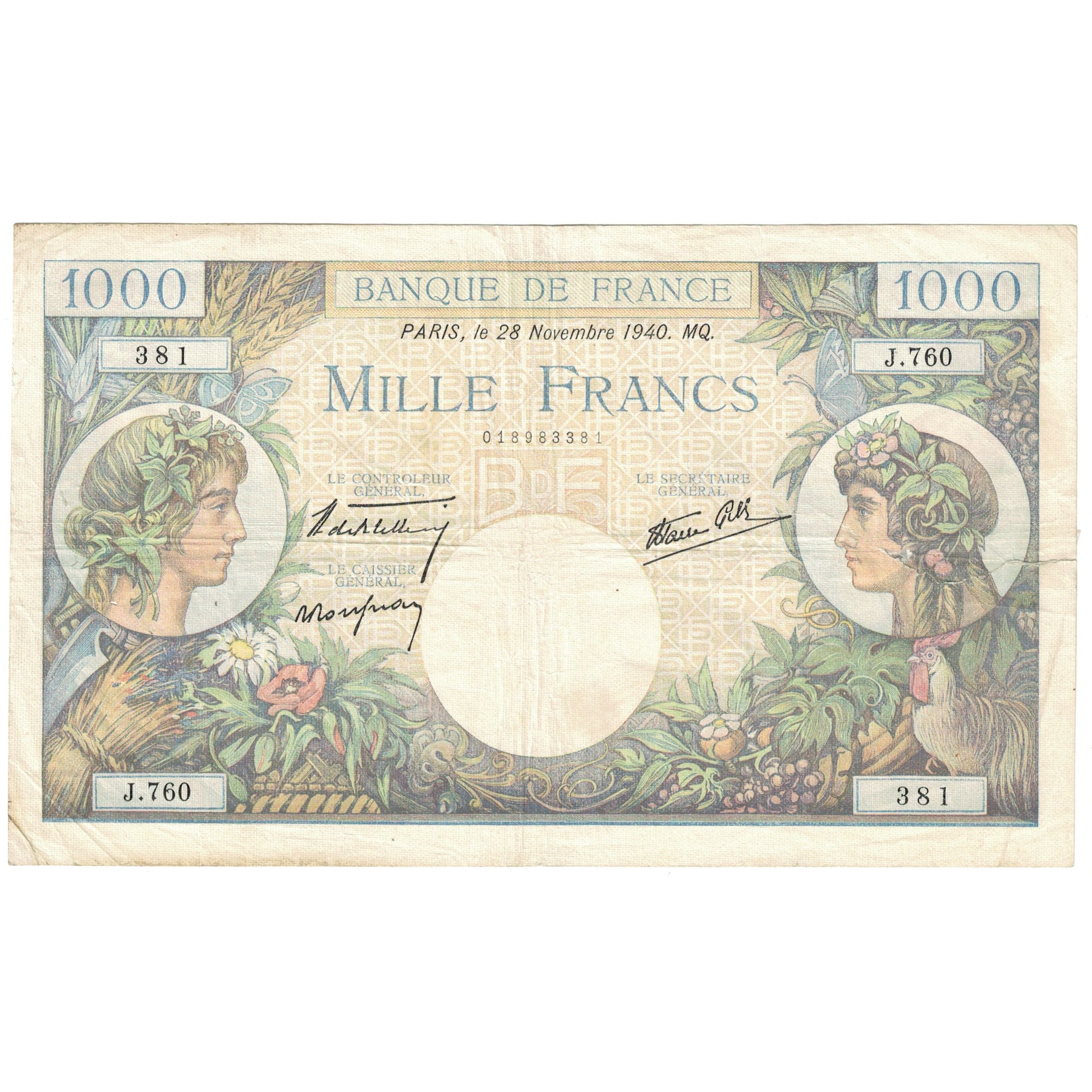 França, 1000 Francs, Commerce et Industrie, 1940, J.760, AG(1-3), Fayette:39.2
