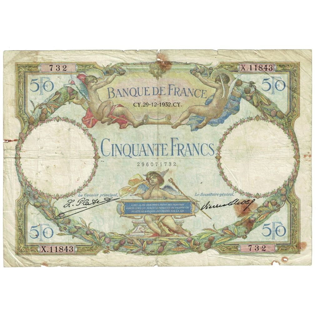 França, 50 Francs, Luc Olivier Merson, 1932, X.11843, VG(8-10), Fayette:16.3