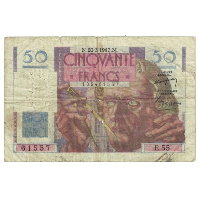 France, 50 Francs, Le Verrier, 1947, E.55, VG(8-10), Fayette:20.7, KM:127b