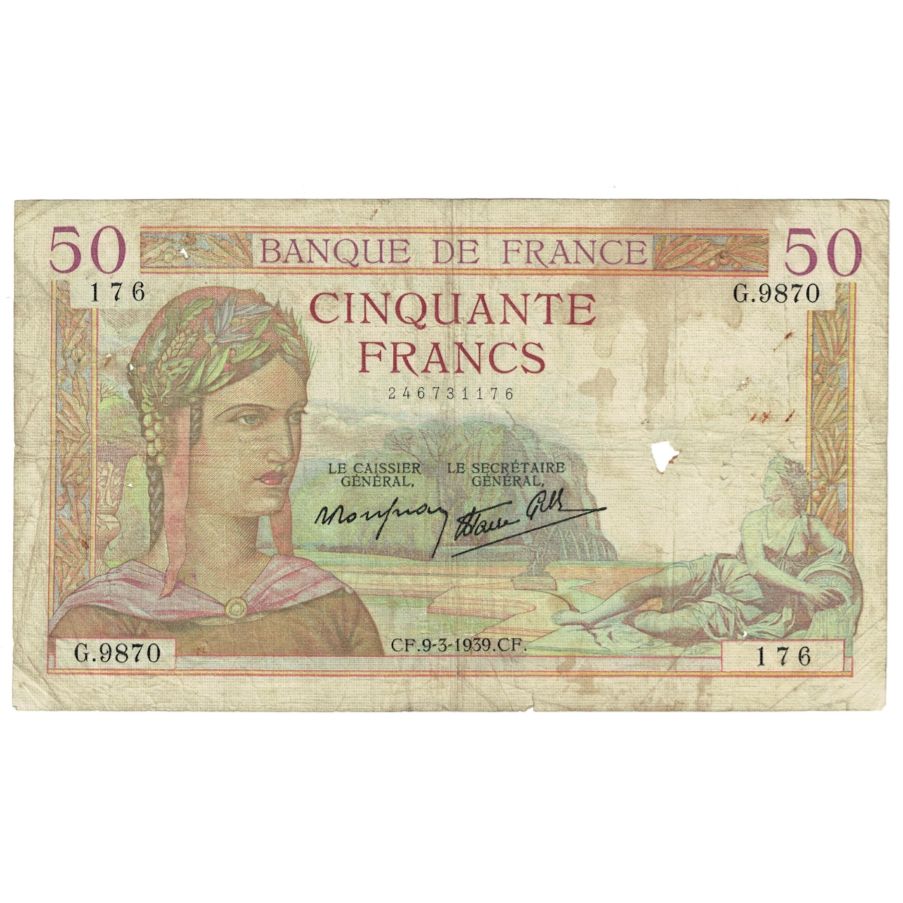 Frankrijk, 50 Francs, Cérès, 1939, G.9870, B, Fayette:18.23, KM:85b