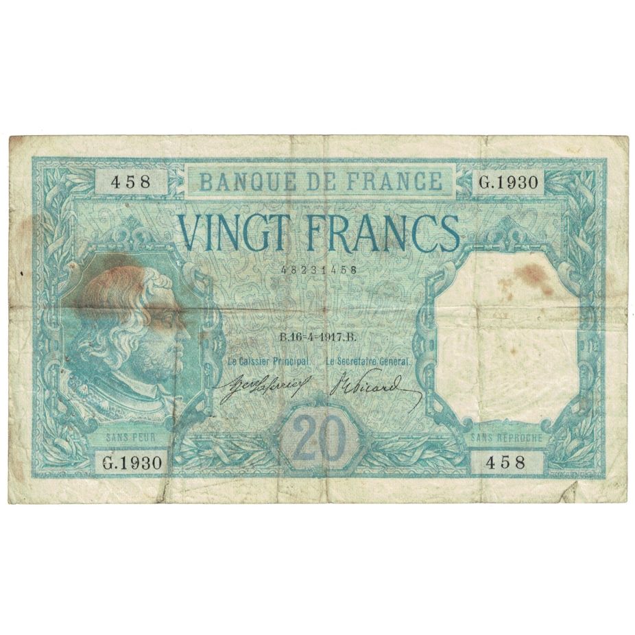 Frankrijk, 20 Francs, Bayard, 1917, G.1930, B, Fayette:11.2, KM:74