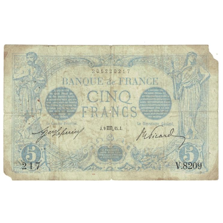 Francia, 5 Francs, Bleu, 1915, V.8209, D, Fayette:2.32, KM:70