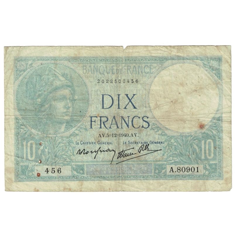 France, 10 Francs, Minerve, 1940, A.80901, TB, Fayette:7.23, KM:84